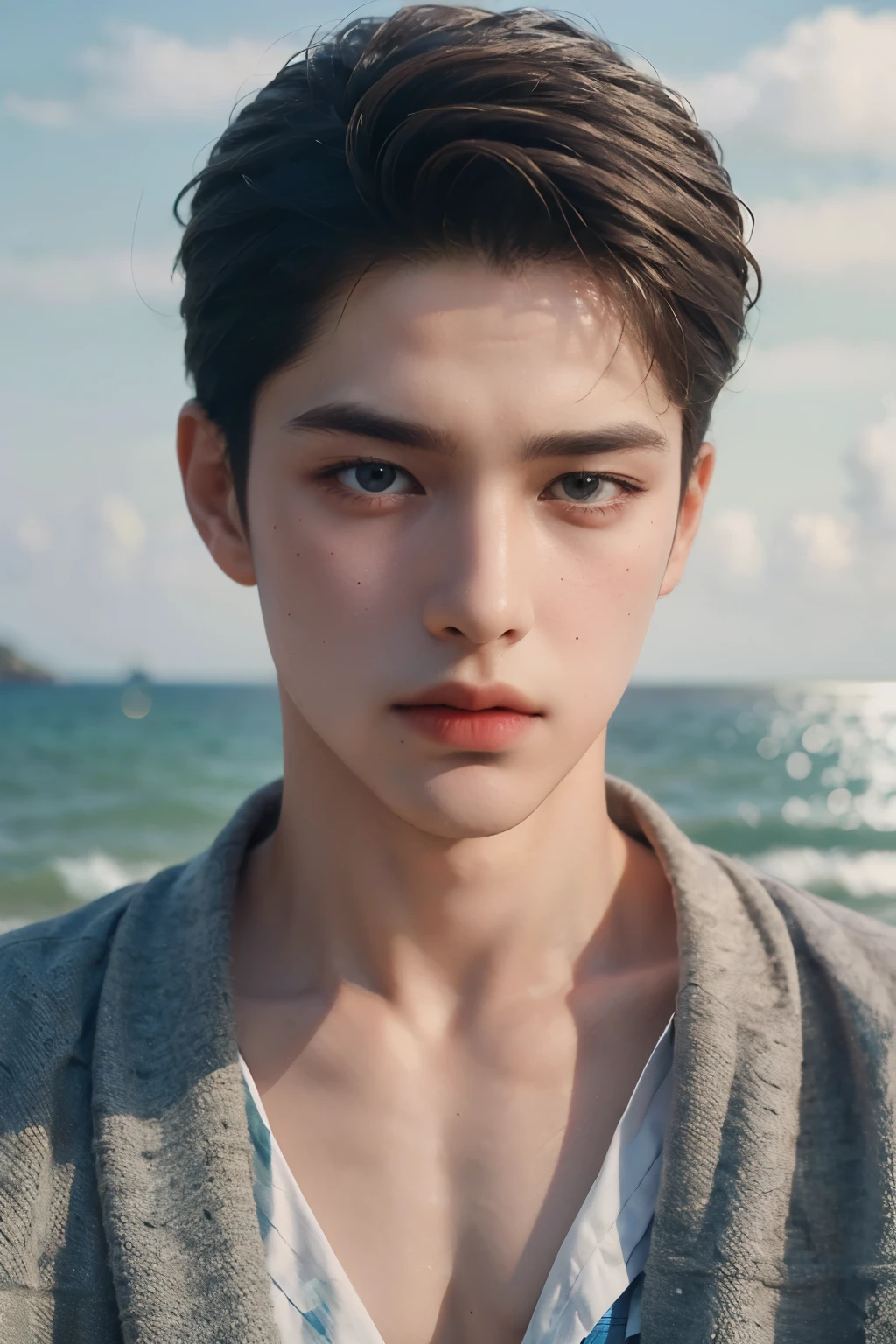 Upper body close-up image。One handsome man。Twenty years old。pale brown hair。He is looking at the camera with a serious expression。The season is summer、He stands on the seaside。((Realistic))