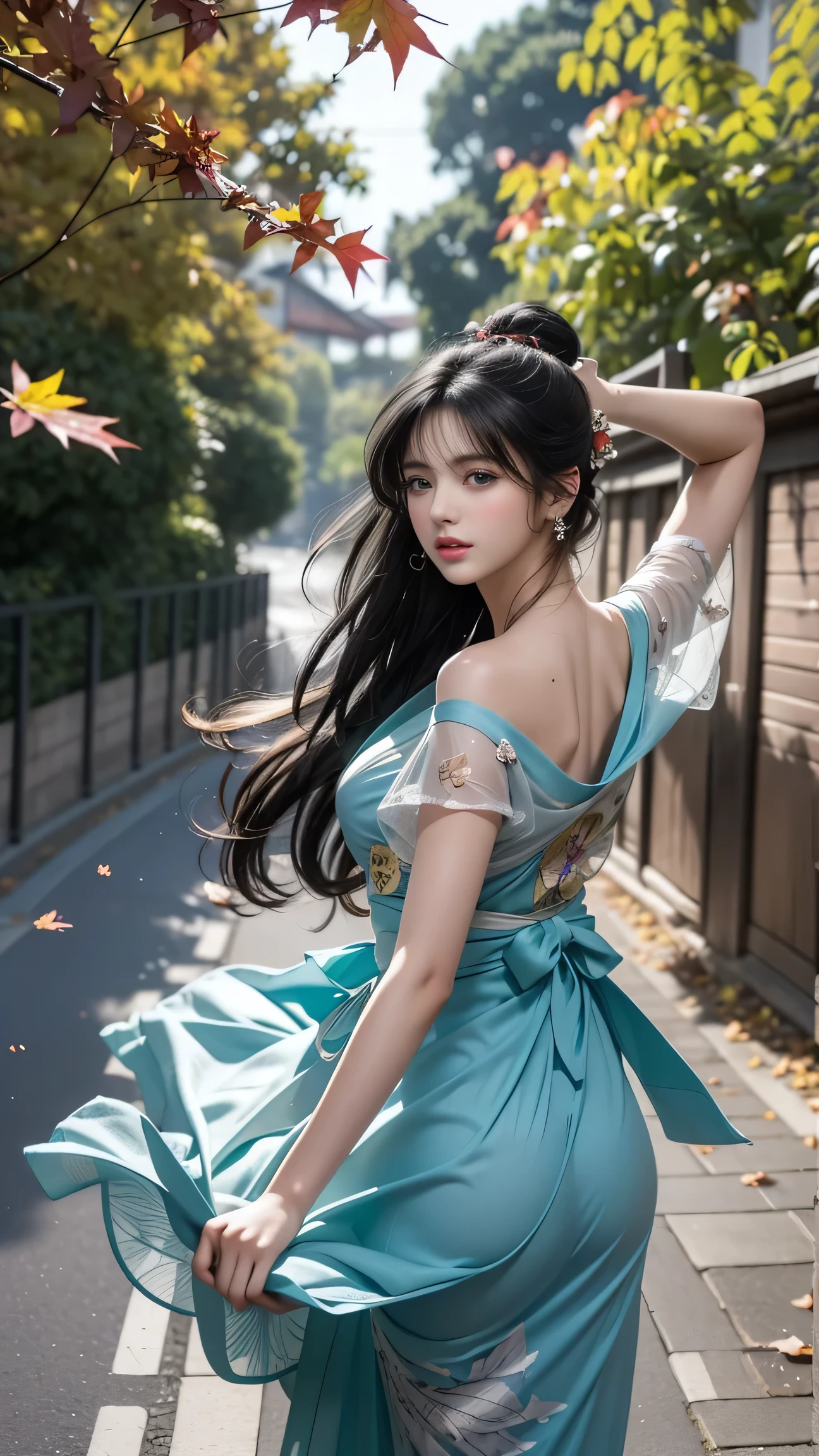 ((Girl standing in front of the wall of an old castle))、Fluorescent color、1 Girl、Look to the side、Beautiful Face、Beautiful Eyes、(Off the shoulder:1.2)、Upper Body、Shiny Hair、Glowing Skin、 Reduce glare、Adjusted finger proportions、escrow、ass pov、Dynamic Angle、(((Master Parts)))、(((Highest quality)))、(((Super-detailed))) detailed)、(An illustration)、(Detailed light)、(Very delicate and beautiful)、dramatic_Shadow、Ray_Tracking、reflection、 Ultra-high resolution、((Colorful and black hair mesh girls))、 Her hair flutters in the wind、(big deep blue eyes)、Black-haired woman、 Sparkling butterfly、Black-haired woman、Points of light around the woman、Magical Aura、Green dot、About Auras Nature、超Magical AuraBlack-haired woman,((Off the shoulder semi-transparent white dress:1.3))、(Sleeveless)、((My skirt is flying up in the wind)),((An old European castle looms in the distance)),