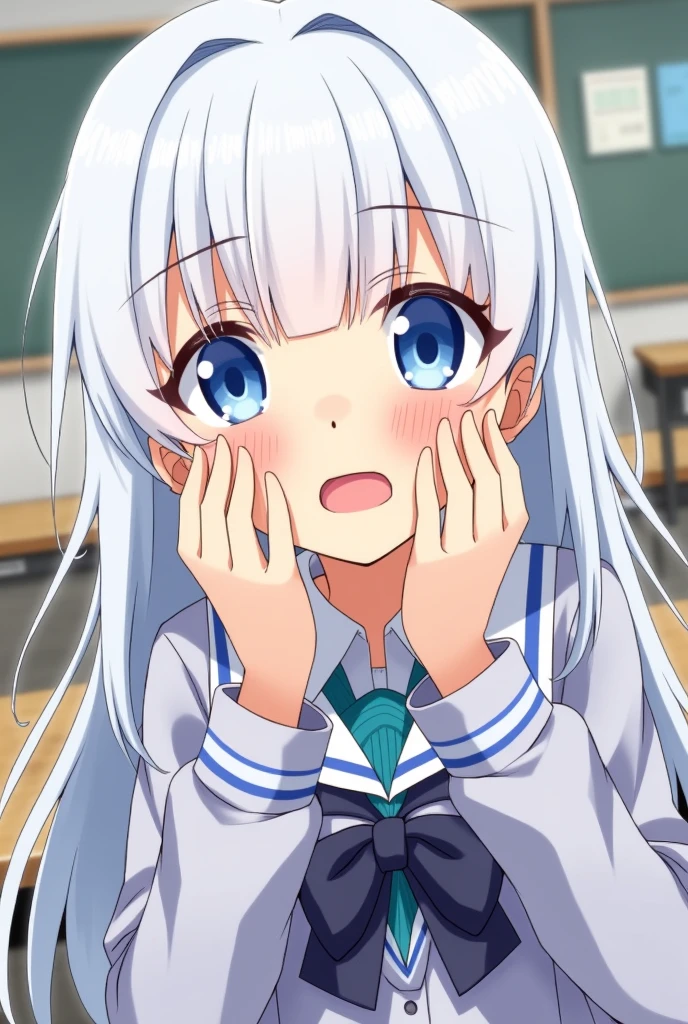 1girl, anime girl, silver hair, long twintails, silver eyes, dark blue school suit, closed mouth small smile