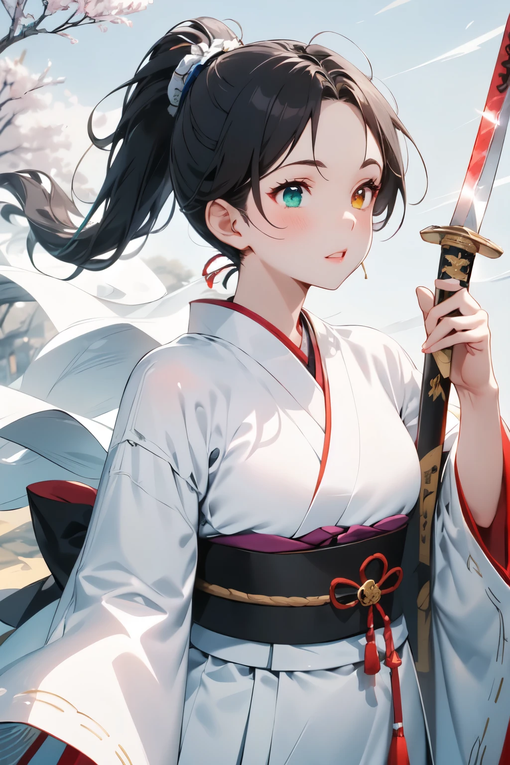 One Girl, White-based Japanese clothing, ponytail,((Black Hair,Discoloration from the roots to white,)), Heterochromia iridis,((Right is red,Left is green,)), Dual wielder,((Odachi and flamberge,Japanese sword,)),