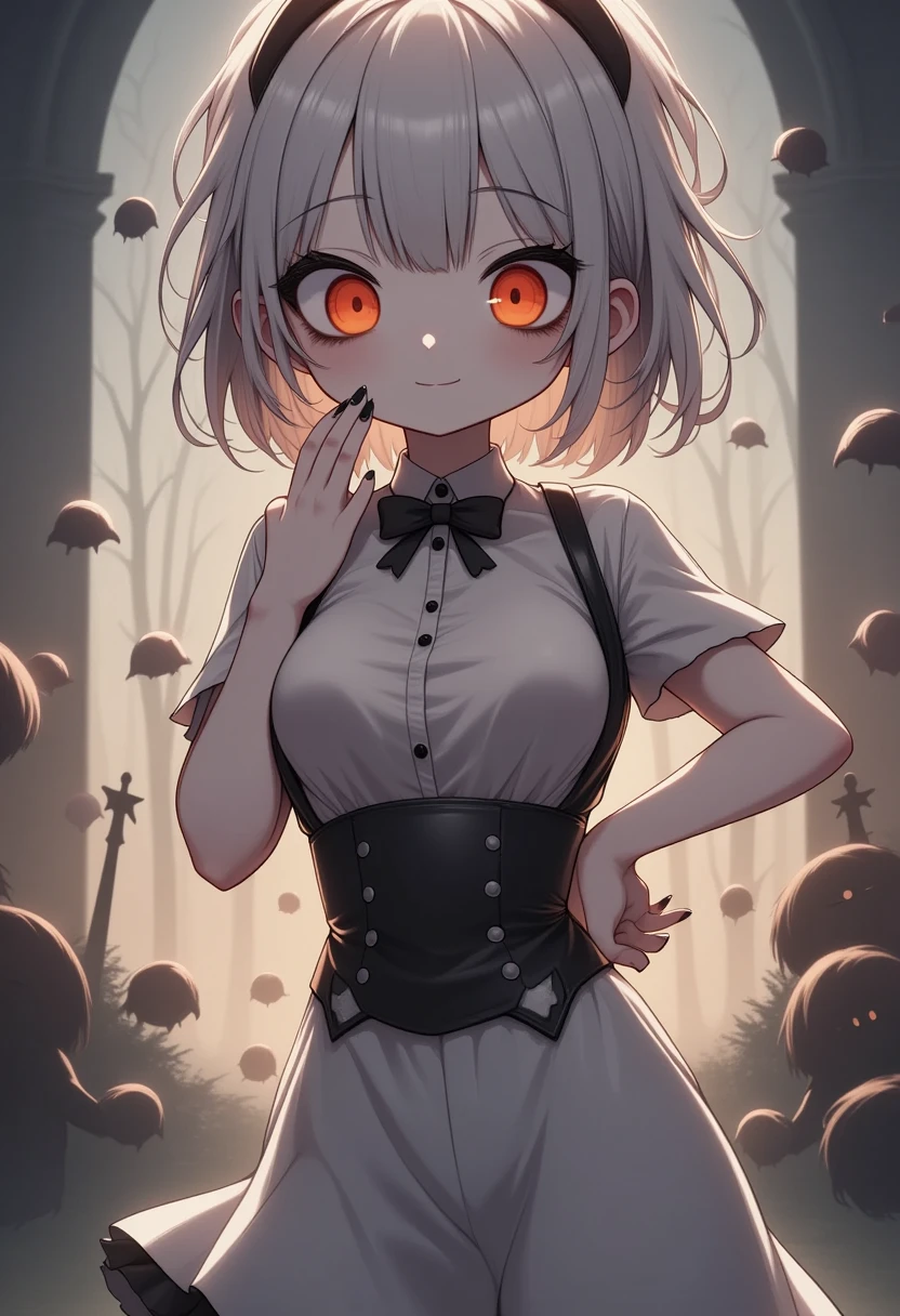 female furry, 1girl, white fur, ultra cute face, mature, white short hair, white furry ears, red eyes, (((feminine black goth dress))), fishnets, glowing eyes, beautiful lights and shadows, ambient light, (((ultra detailed fur))), volumetric light, grassy field, standing, (((strong winds lift her skirt up))), (((upskirt))), black skirt, embarassed, (((cute white panty visible))), nsfw