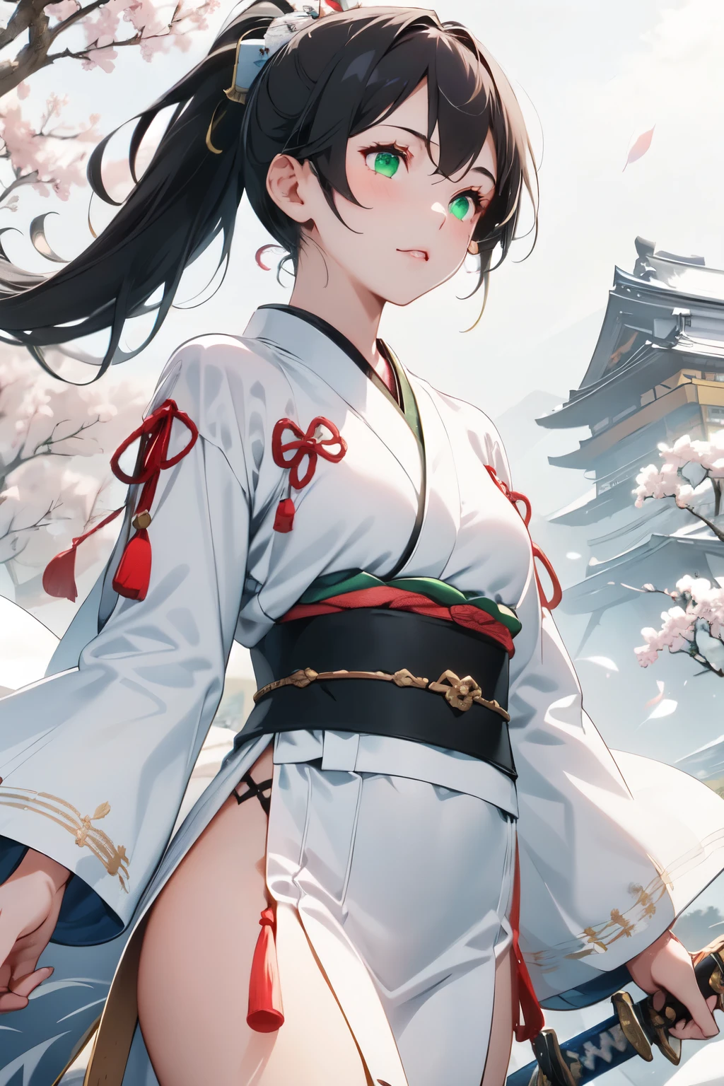 One Girl, White-based Japanese clothing, ponytail,((Black Hair,Discoloration from the roots to white,)), Heterochromia iridis,((Right is red,Left is green,)), Dual wielder,((Black Sword Great Sword,Flamberge,Japanese sword,)),