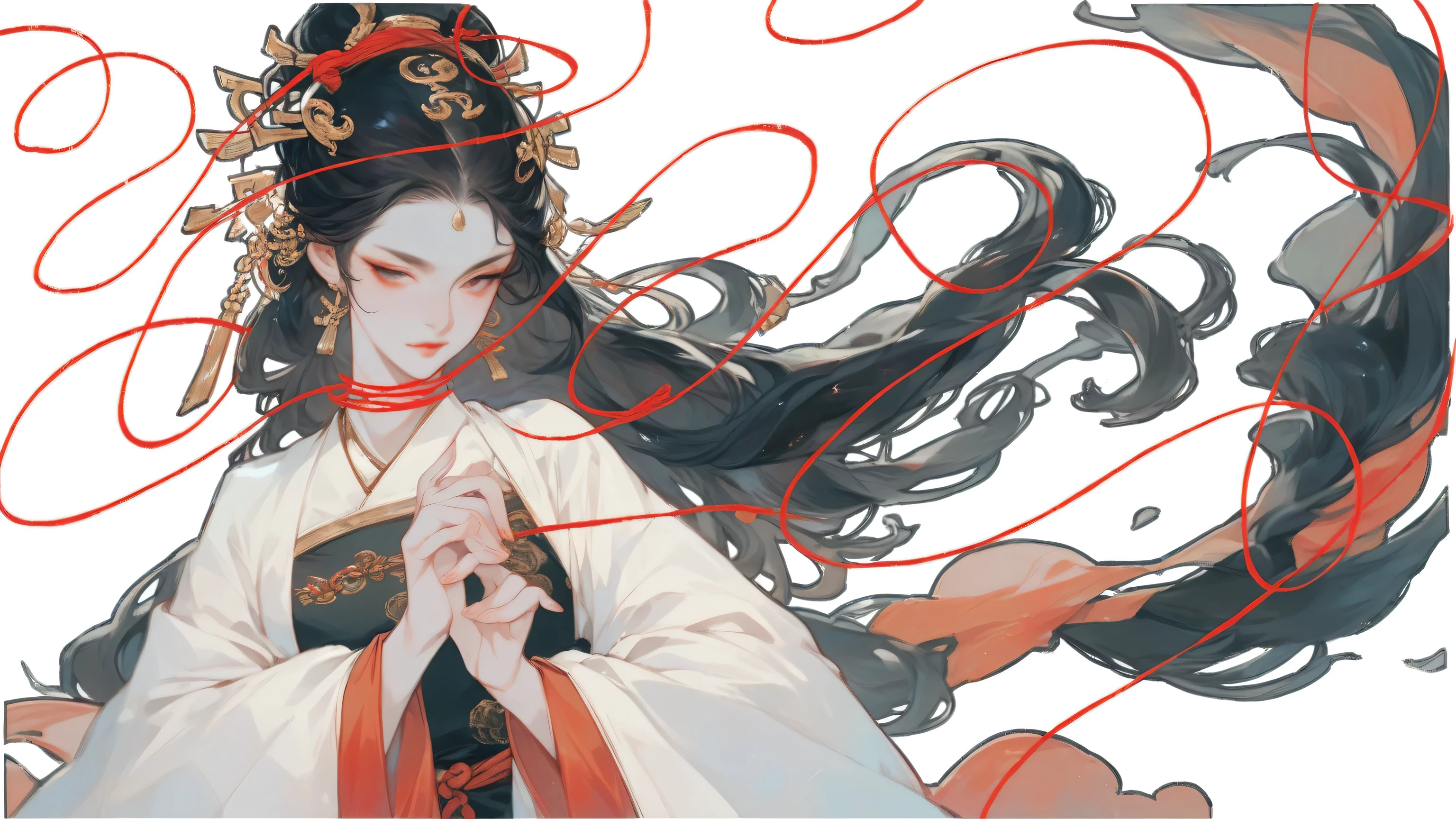 Goddess of match, woman, 1woman, wearing exquisite silk clothes, hanfu, there's red string of fate surrounded her, moon background, ancient China