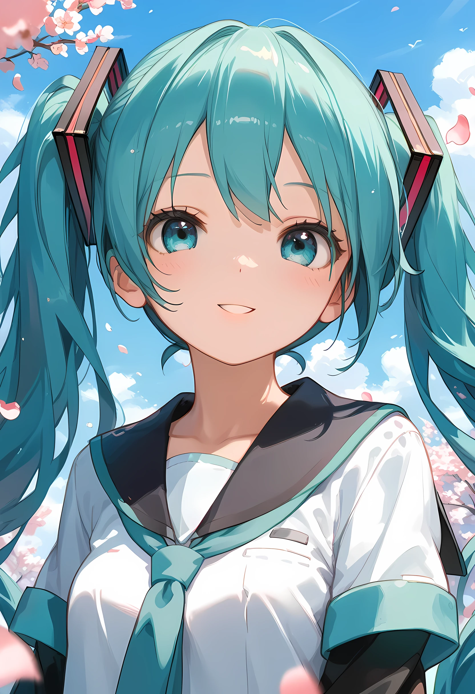 score_9,score_8_up,score_7_up,source_anime,masterpiece,best_quality,absurdres,highres,very_aesthetic,ray_tracing,close-up,
1girl,cute_face,slender body,petite body,fair_skin,shiny hair,seductive posture,
hatsune_miku,school_uniform,serafuku,outdoors,sakura,falling_petals,