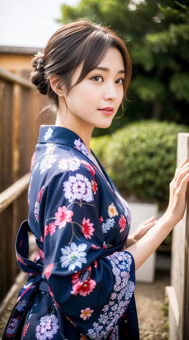 a mature beautiful Japanese woman, 39-year old, shy, little chubby body shape, (wearing pink flower pattern common Japanese Yukata with simple obi:1.25), portrait, masterpiece, best quality, High resolution, plum lips), tie dark brown hair, 8k, traditional Japanese hous,e outside,