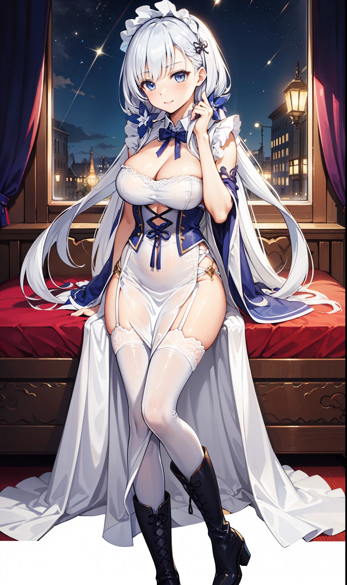 goddess，obsessed，have fun，in love，(White transparent maid uniform，With a long skirt)，Silver Hair，blue eyes，Transparent Clothes，Exquisite hair accessories，Transparent lace，Sky blue pattern，night，Dress nicely，bedroom，solitary，night，Engraved suspender boots，Beautiful face，Garter stockings，illustrious (maiden lily's radiance) (azur lane)，sfw