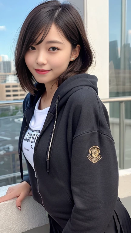 (masterpiece, best quality:1.2), intricate details, han sooyoung, 1girl, bangs, black jacket, hood, hoodie, black shirt, long sleeves