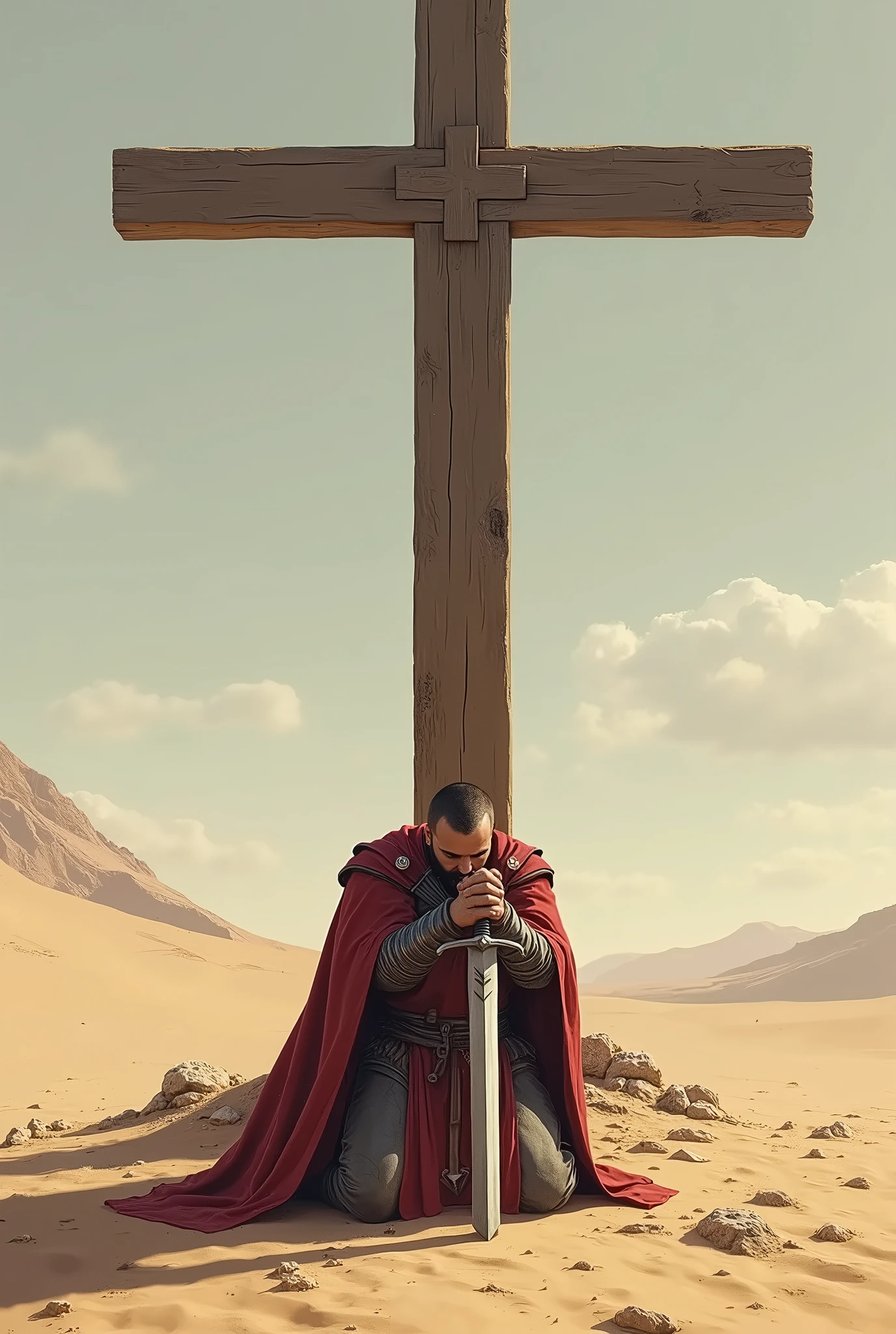 Arafed man in cape sitting in front of a cross in the desert - SeaArt AI