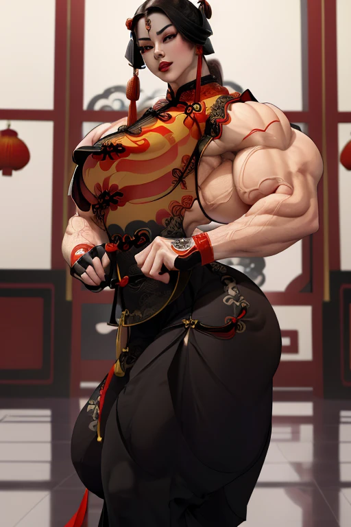 (High resolution, Pixels are perfect, luxurious illustration), (hyper quality, masutepiece, Ethereal: 1.4),(Solo:1.4), Black hair, Very short hair, Yellow eyes, (angry), pale skin, (((((((muscular))))))), ((thick thighs)), ((Huge breasts)), Woman, ((((A MILF)))), ((((chinese armor)))), (((Red armor))), (Leotard), (((wide hips))), ((greybackground)), (Shiny skin), ((Back)), (((Looking back))), (Ass_Pose), ((Hands on the buttocks)),