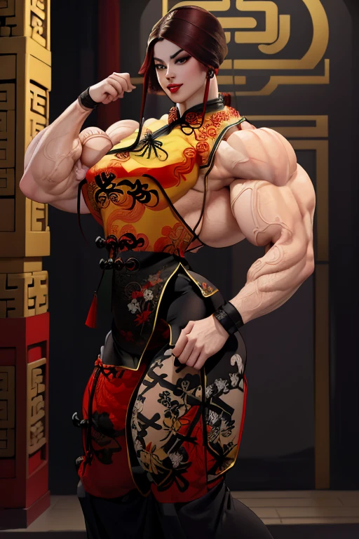 a close-up of a woman in a red dress holding a barrel, Chun Li na academia, muscular girl, muscular!! Sci-fi, big arms, huge muscles, big biceps, strong arms, huge muscles, strong and imposing, heavy appearance, bursting with muscles, big muscles, big muscles, muscular and scary, muscular! cyber punk, muscular!!, forte e musculoso