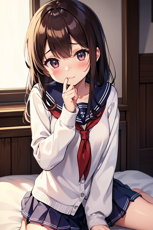 Very detailed、(8k, RAW Photos, highest quality, masterpiece:1.2), (Very detailed 8k wallpaper),shape、Professional Lighting,Sharp focus, Written boundary depth、
Browsing Caution、Clear Eyes、Perfect Anatomy、girl、、Cute girl、、Short sleeve serafuku 、(blush:1.5)、、Black Hair、High Ponytail、Big Breasts、Plump thighs、、bed、White panties