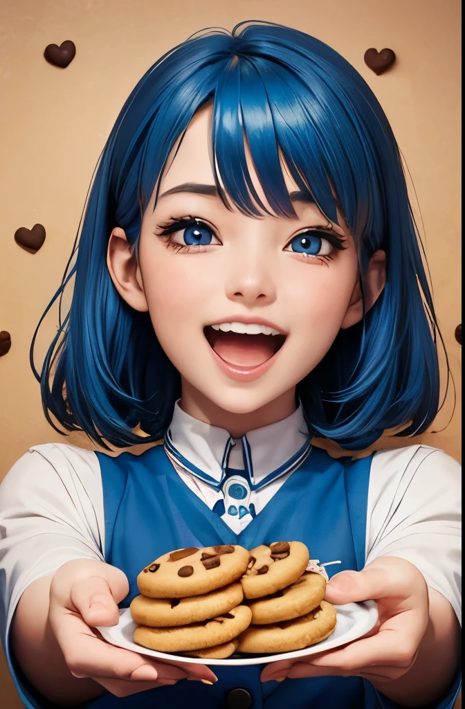 blue hair,  a girl laughing, open mouth, lot of cookies background, full of cookies, symmetrical portraits,