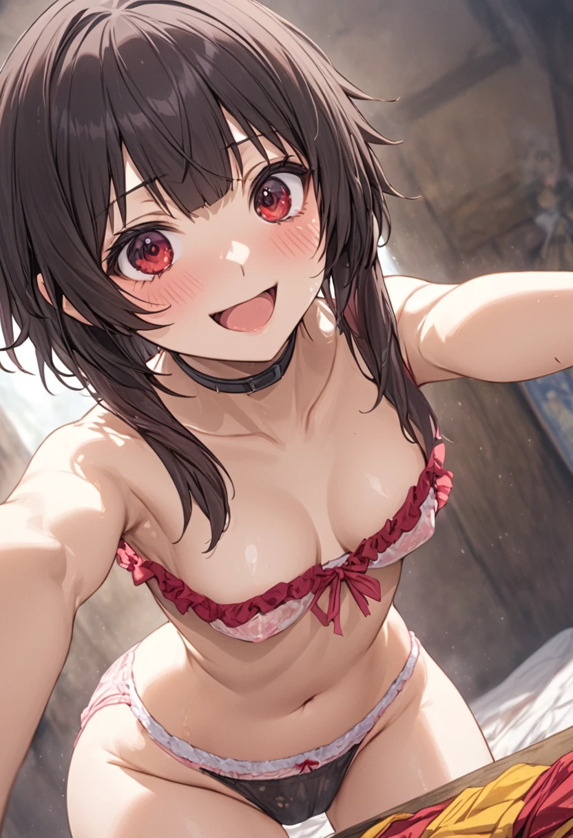 (NSFW:1.2)、(masterpiece、Best Quality、Super detailed、Anime-like、Built-in、Tabletop、Detailed face、cute)、、KonoSuba、Megumin、Black short hair、Red eyes、Sexy pose、underwear、((Dirty panties、Panty stains、Yellowing of panties))、((Focus on panties))