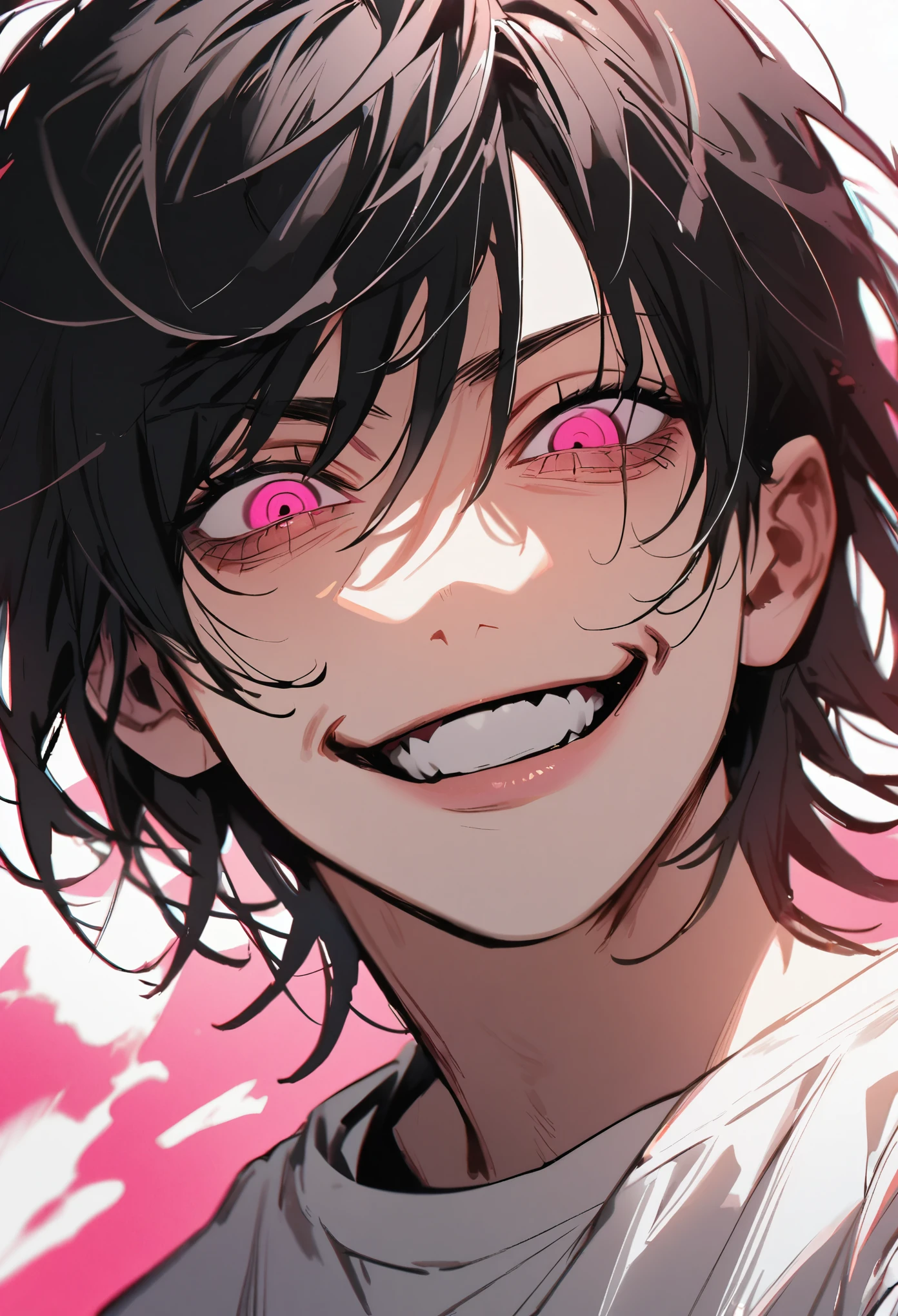 1 boy in chainsaw man style, black hair, bright pink eyes, white t shirt, tilted face, gazing at viewer, crazy smile, 