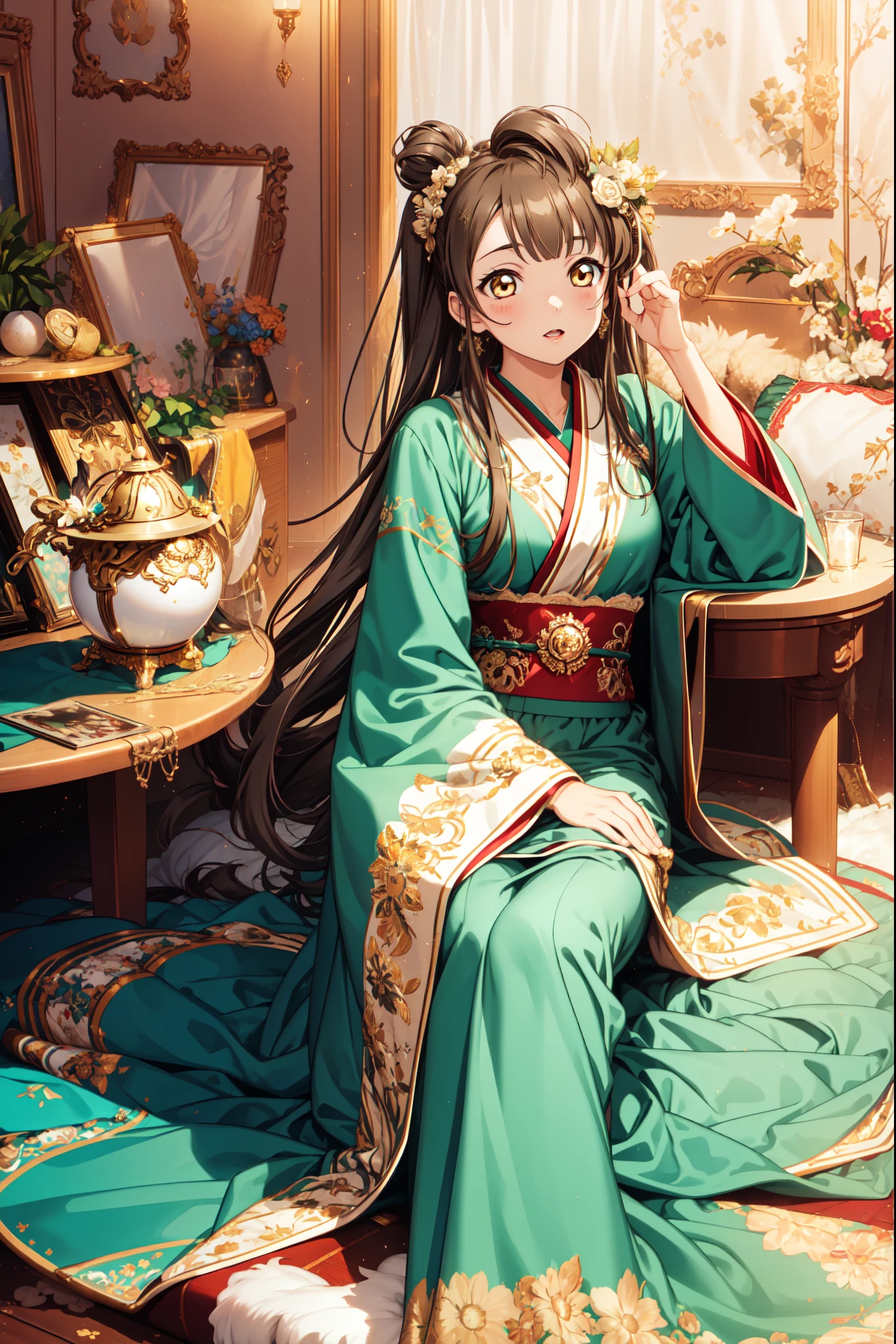 Minami Kotori，High-resolution masterpiece quality, Unity 8k wallpaper illustration, Golden Eyes，Brown hair，Fabric headdress, Rich facial details, Highly detailed CG, Glossy lips, Light makeup,Lace，charm，Hanfu，Reasonable human body