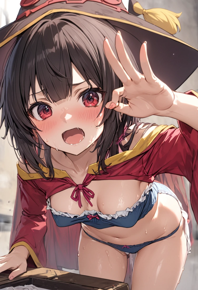 (NSFW:1.2)、(masterpiece、Best Quality、Super detailed、Anime-like、Built-in、Tabletop、Detailed face、cute)、、(((sweat)))、KonoSuba、Megumin、Black short hair、Red eyes、Sexy pose、underwear、((Dirty panties、Panty stains、Yellowing of panties))、((Focus on panties))、(((The smell of panties)))