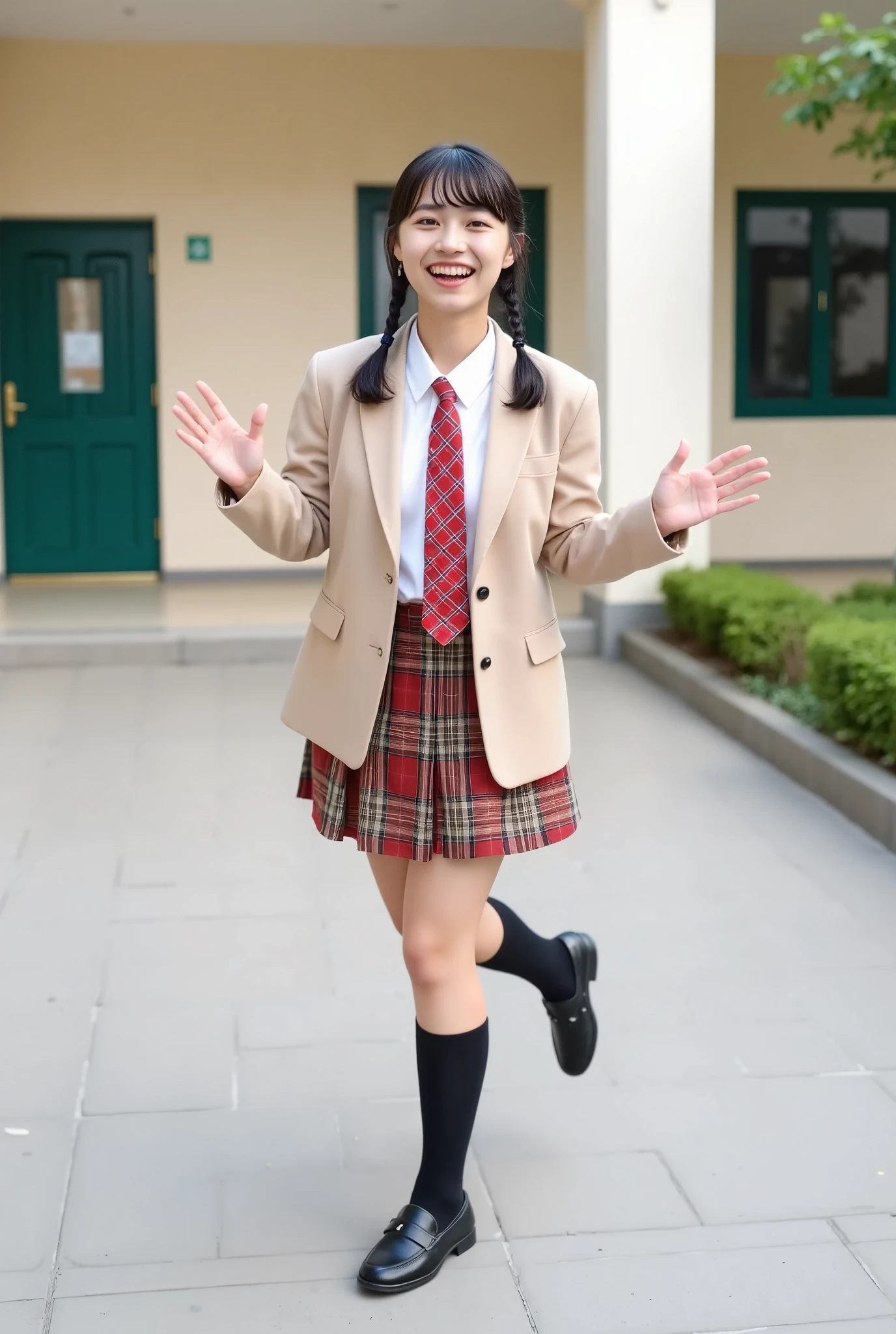 Full body image, portrait photo. JGPR, 1girl, single braid, brown eyes, teeth, and wears a high school uniform. Beige blazer, white shirt, red checked tie, beige, red and brown checked pleated skirt, black high socks, black loafers. This scene shows her in a casual environment, smiling happily and carefree, energetically striking a variety of poses and movements. The background is a school courtyard.