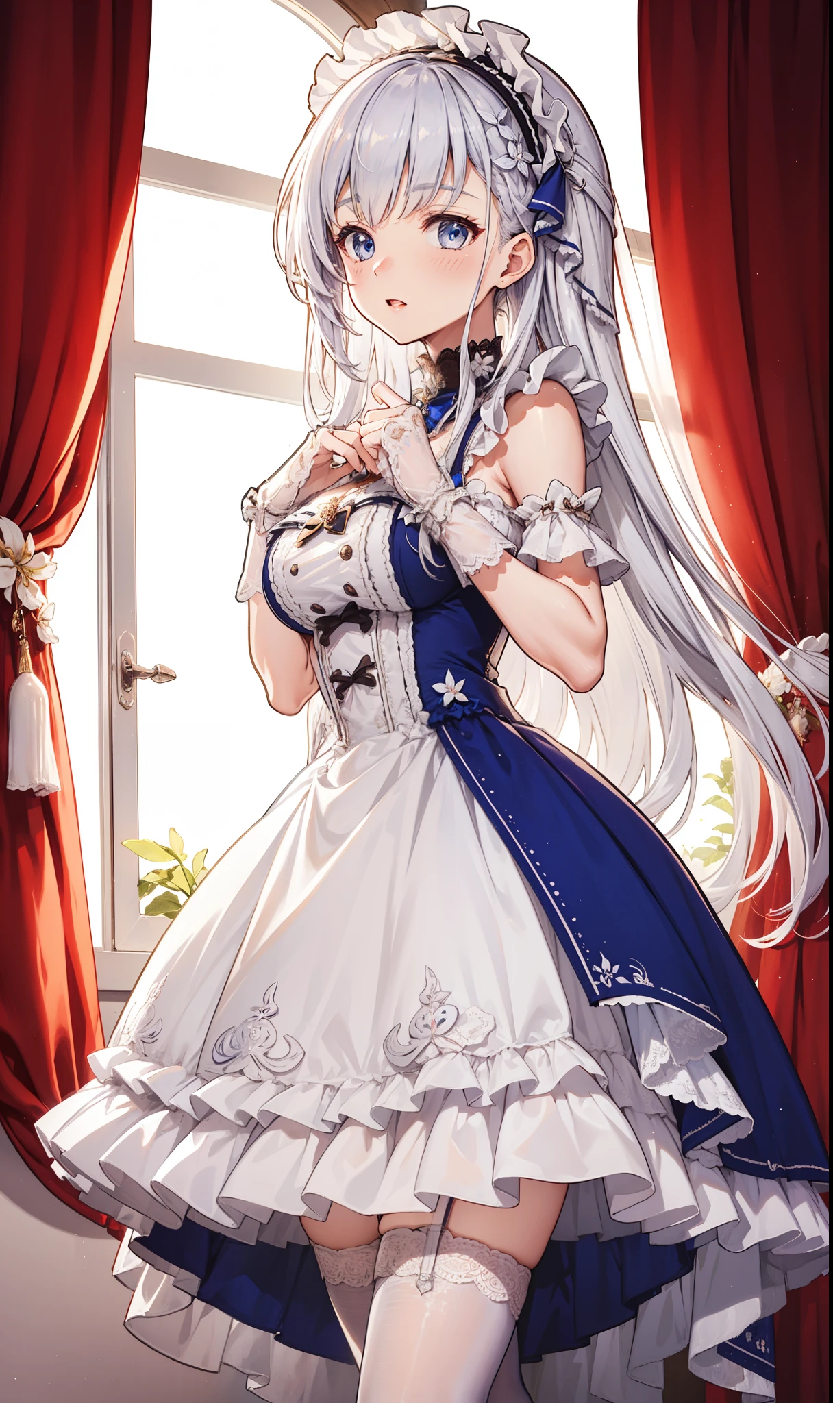 goddess，obsessed，have fun，in love，(White transparent maid uniform，With a long skirt)，Silver Hair，blue eyes，Transparent Clothes，Exquisite hair accessories，Transparent lace，Sky blue pattern，night，Dress nicely，bedroom，solitary，night，Engraved suspender boots，Beautiful face，Garter stockings，illustrious (maiden lily's radiance) (azur lane)，sfw