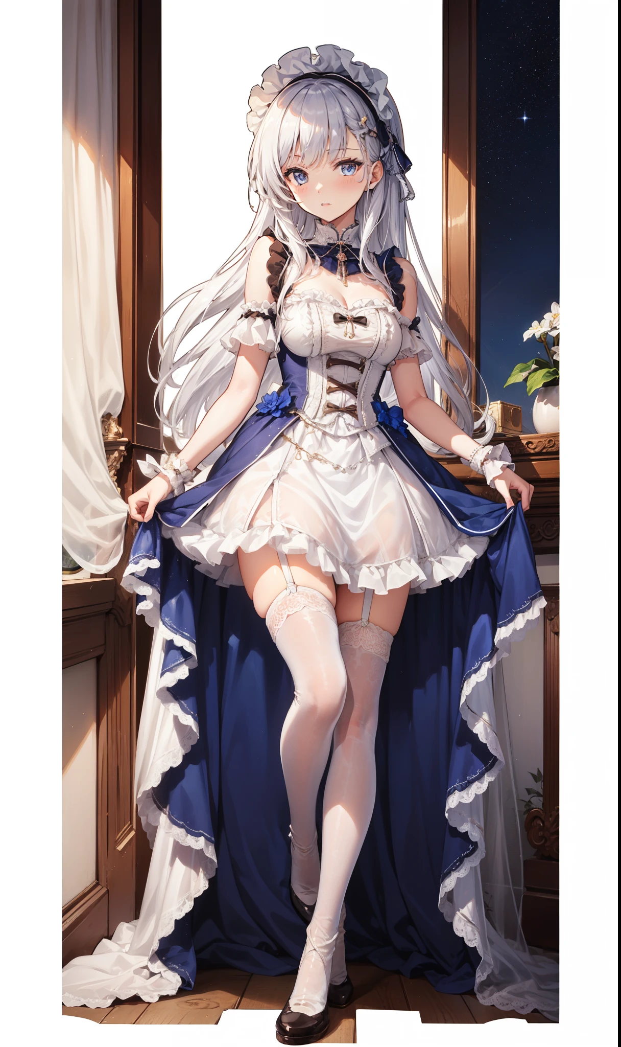 Ultra-realistic 8k CG, beautiful girl with white hair, blue eyes, open mouth, puffy, plump body, corset breast, fleshy thighs, white patterned stockings, high heels, full body, looking at the audience, symmetry,