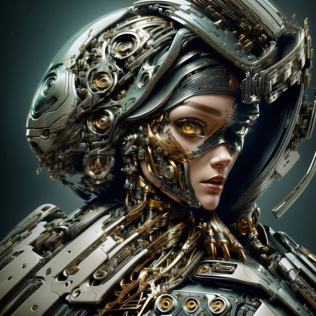 a close up of a person with a weird face and hair, intricate transhuman, humanoid woman, broken beautiful female android!, (best quality,4k,8k,highres,masterpiece:1.2),ultra-detailed,(realistic,photorealistic,photo-realistic:1.37), sci-fi digital art, cyborg woman, humanoid portrait, complex cybernetic beings, cyborg portrait, cyborg girl, cracked. biomechanical cyborg, detailed portrait of a cyborg, cyborg - girl, digital art 4k unsettling, beautiful detailed eyes, beautiful detailed lips, extremely detailed eyes and face, long eyelashes, intricate cybernetic enhancements, advanced biomechanical engineering, futuristic biomechanical design, hyper detailed metallic textures, advanced cybernetic implants, glowing cybernetic circuitry, striking neon color palette, dramatic chiaroscuro lighting, cinematic composition