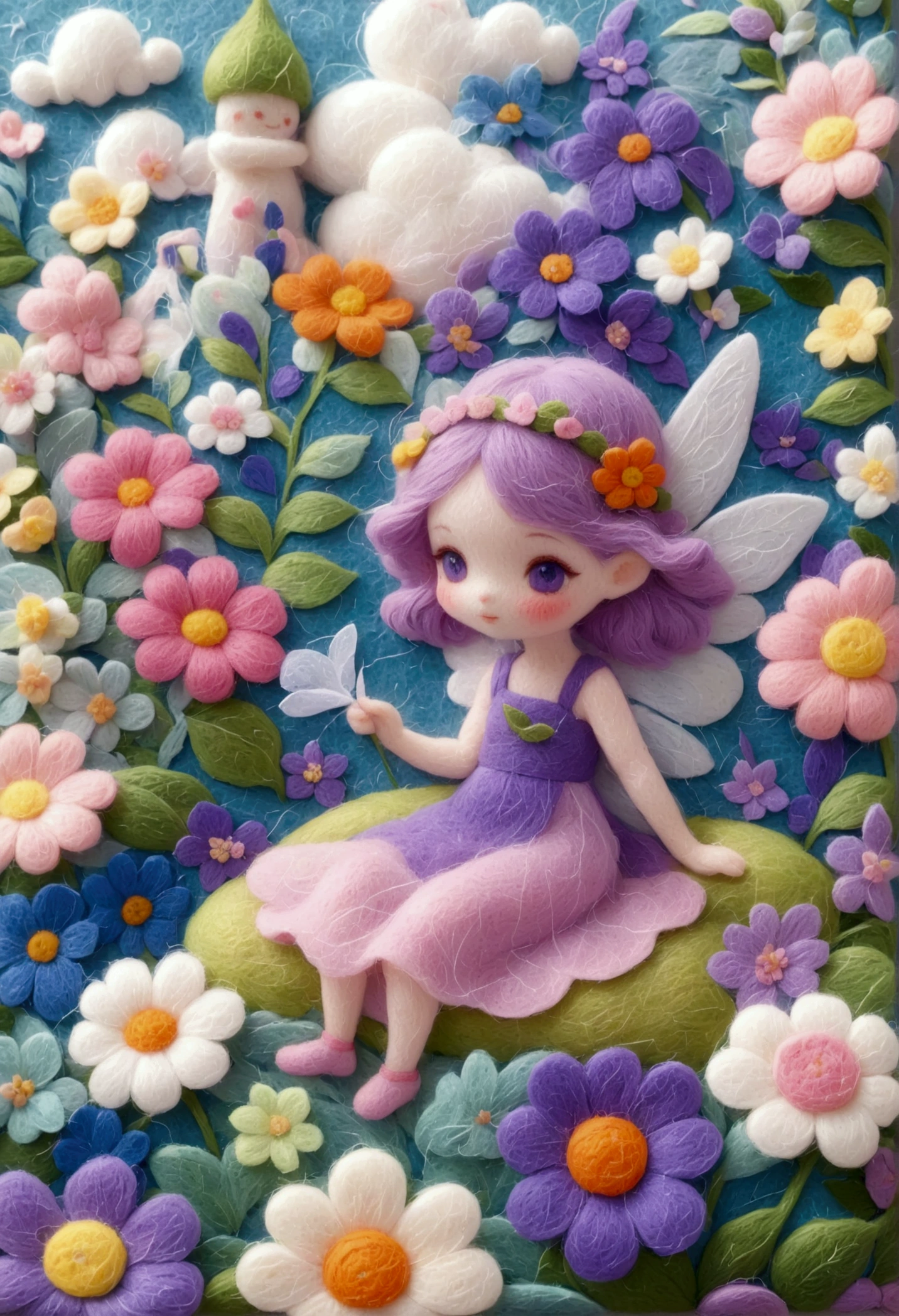 A delicate felt painting：Little fairy in the flowers。Purple hue。