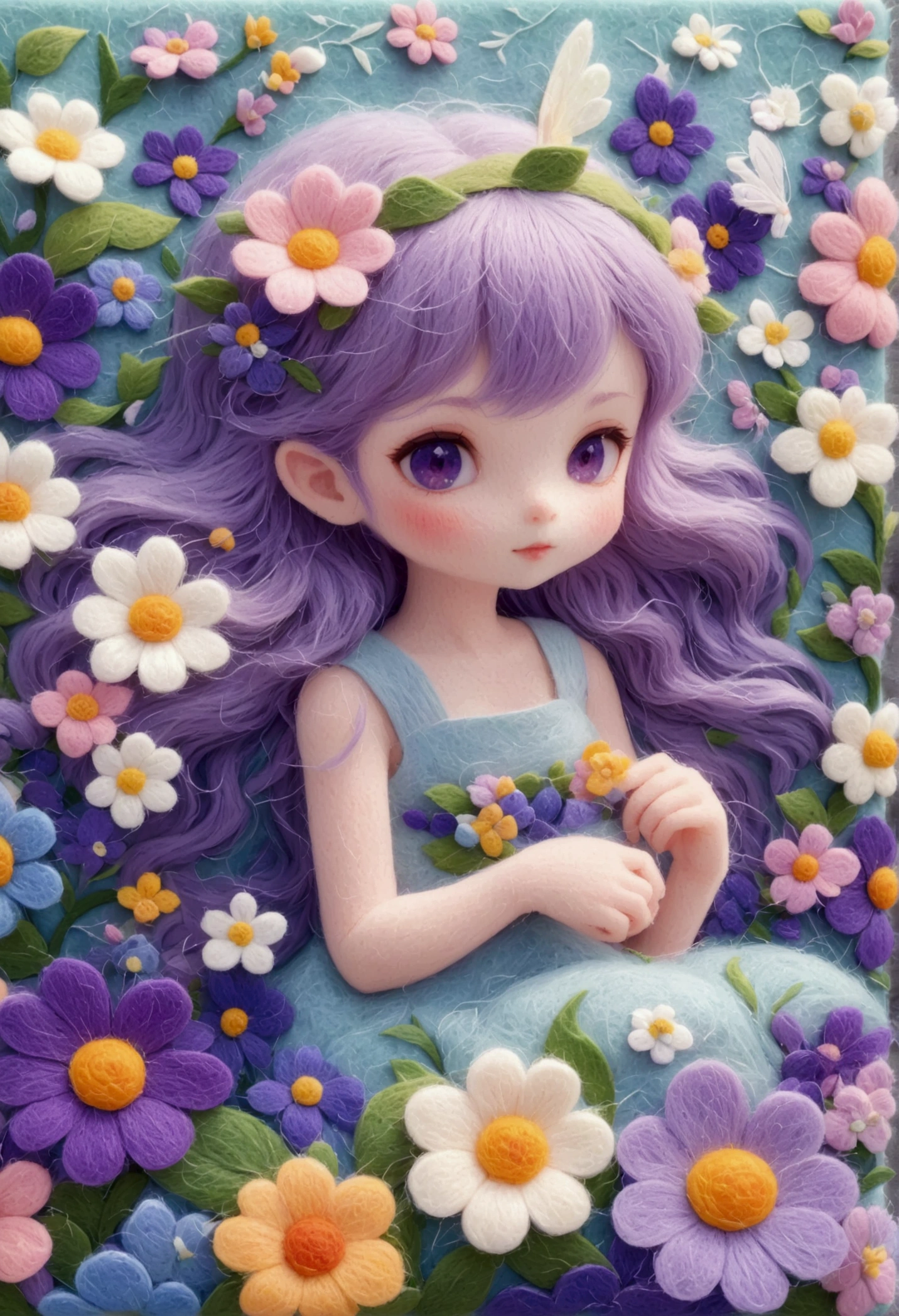 A delicate felt painting：Little fairy in the flowers。Purple hue。