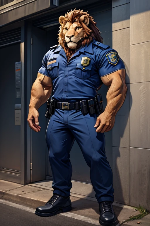 Furry lion, muscles, police uniform, full length portrait 