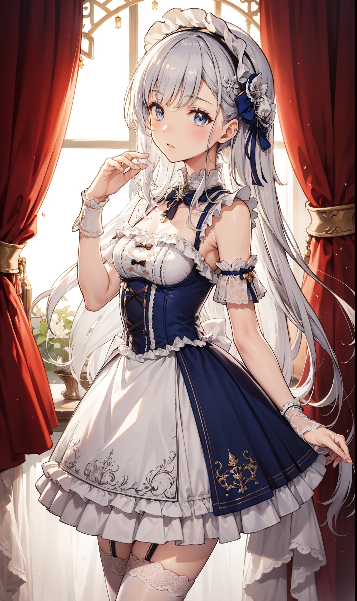 Girl，Small curve，obsessed，have fun，in love，(White transparent maid uniform，With a long skirt)，Silver Hair，blue eyes，Transparent Clothes，Exquisite hair accessories，Transparent lace，Sky blue pattern，night，Dress nicely，bedroom，solitary，night，Engraved suspender boots，Beautiful face，Garter stockings，illustrious (maiden lily's radiance) (azur lane)，sfw