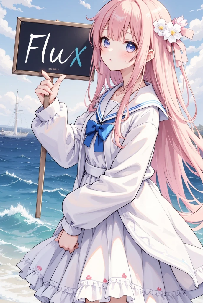 1 girl,fuwafuwa mix,having a signboard written "Flux":1.6,