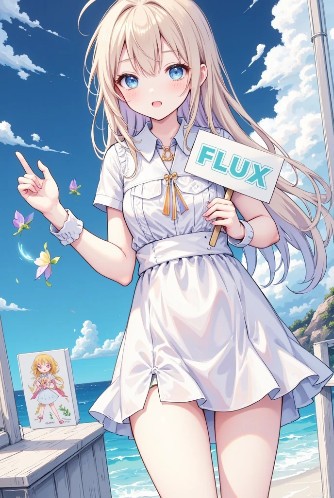 1 girl,fuwafuwa mix,having a signboard written "Flux":1.6,