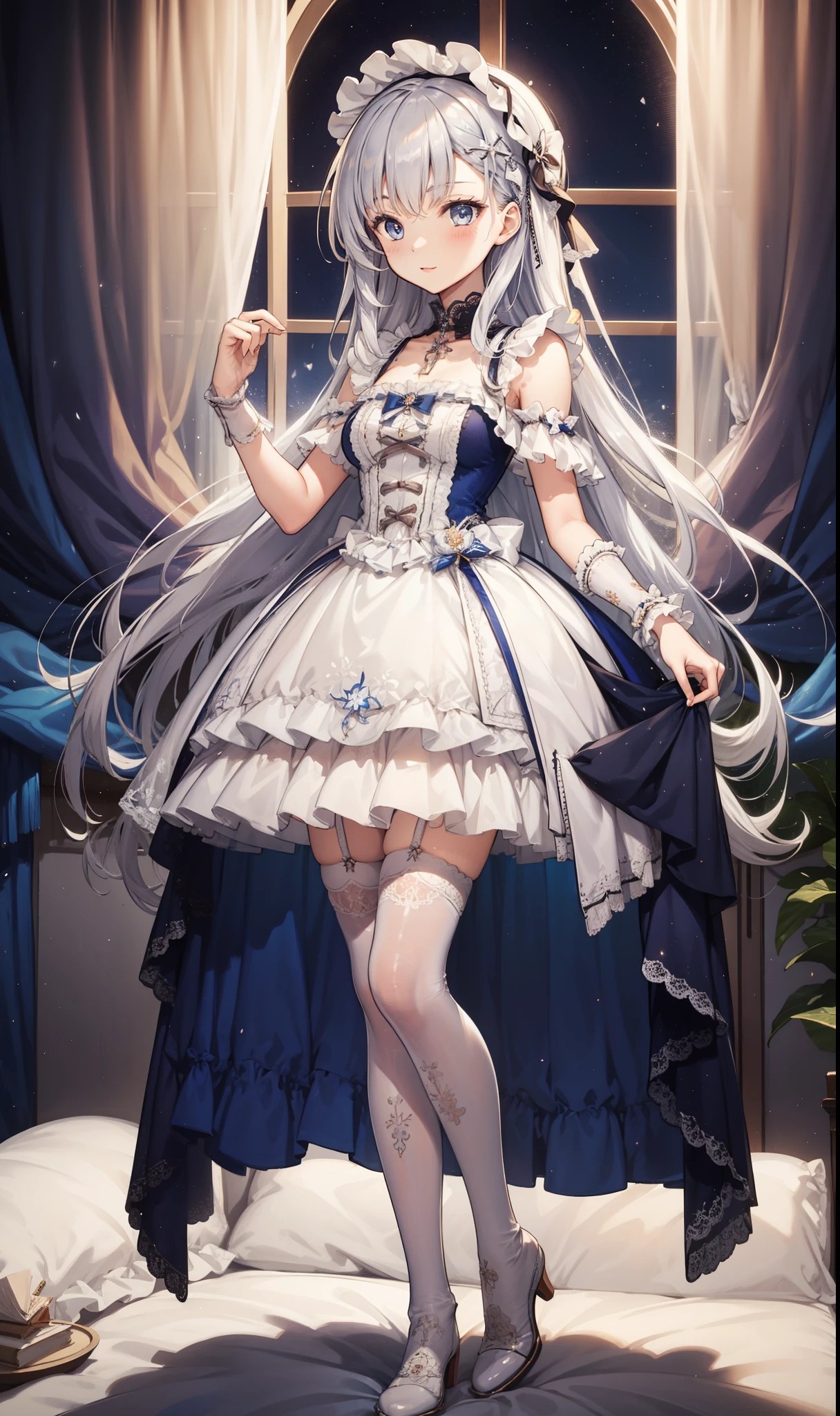 Girl，Small curve，obsessed，have fun，in love，(White transparent maid uniform，With a long skirt)，Silver Hair，blue eyes，Transparent Clothes，Exquisite hair accessories，Transparent lace，Sky blue pattern，night，Dress nicely，bedroom，solitary，night，Engraved suspender boots，Beautiful face，Garter stockings，illustrious (maiden lily's radiance) (azur lane)，sfw