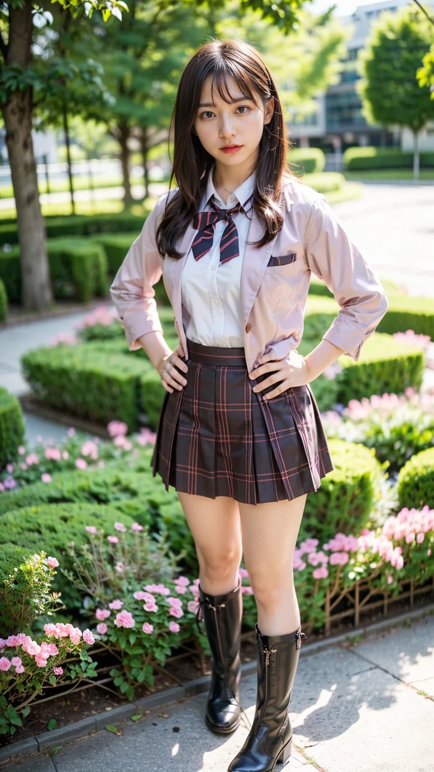 (8k、RAW Photos、Best Quality、masterpiece:1.2)、(Realistic、Realistic)、1 person、((Medium Hair、Brown school girl uniform、blazer、shirt、Chest ribbon、Breast enlargement、Checked skirt、Thin legs、boots、View from the front、Looking into the camera、garden、Stand with hands on hips))、cute