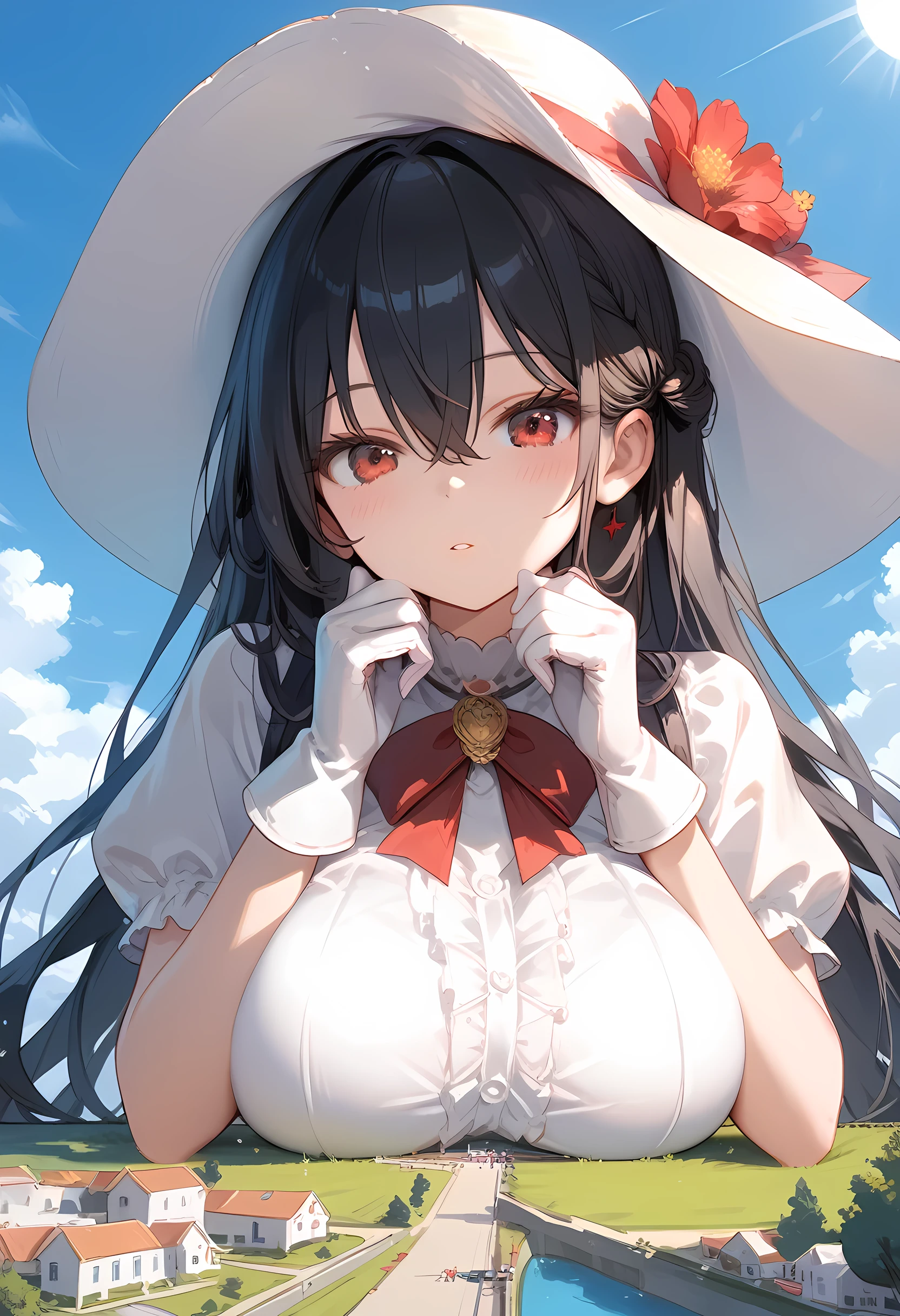 score_9,score_8_up,score_7_up, 1girl, large breasts, sun hat, black hair, white headwear, blue sky, long hair, white gloves, breast rest, blush,red eyes, white dress, cloud, looking at viewer, outdoors, giantess, tall female, day, upper body, giant, :o , hair between eyes