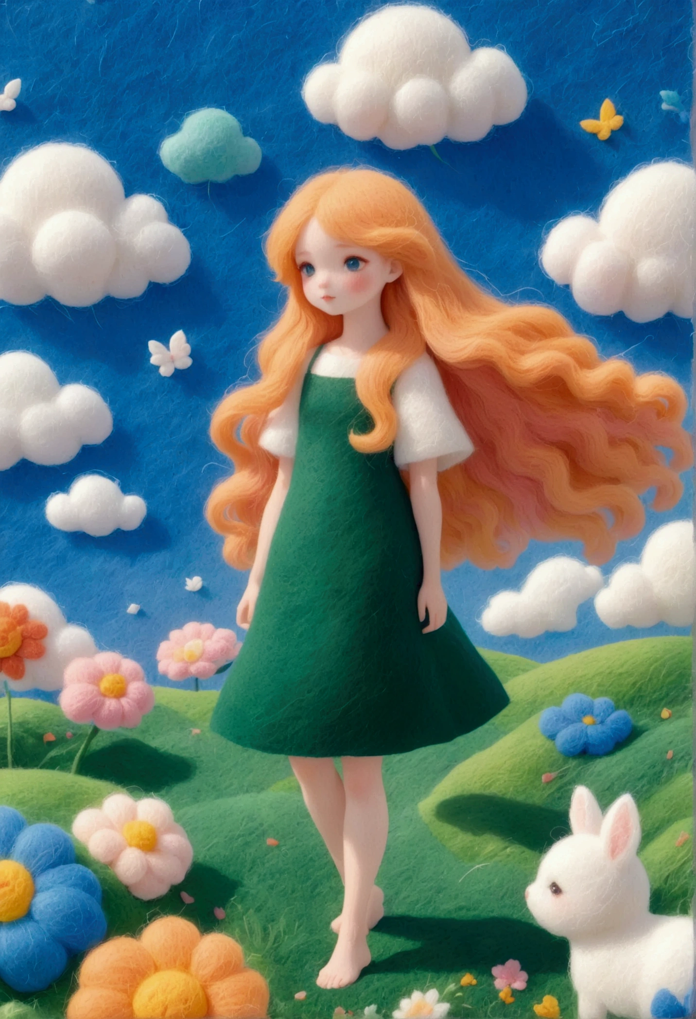 A delicate felt painting：Beautiful girl standing in the grass。Fluffy and soft long hair。Dreamy and beautiful。