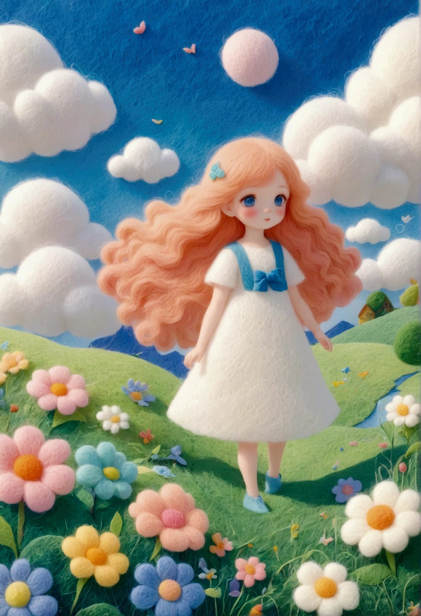 A delicate felt painting：Beautiful girl standing in the grass。Fluffy and soft long hair。Dreamy and beautiful。