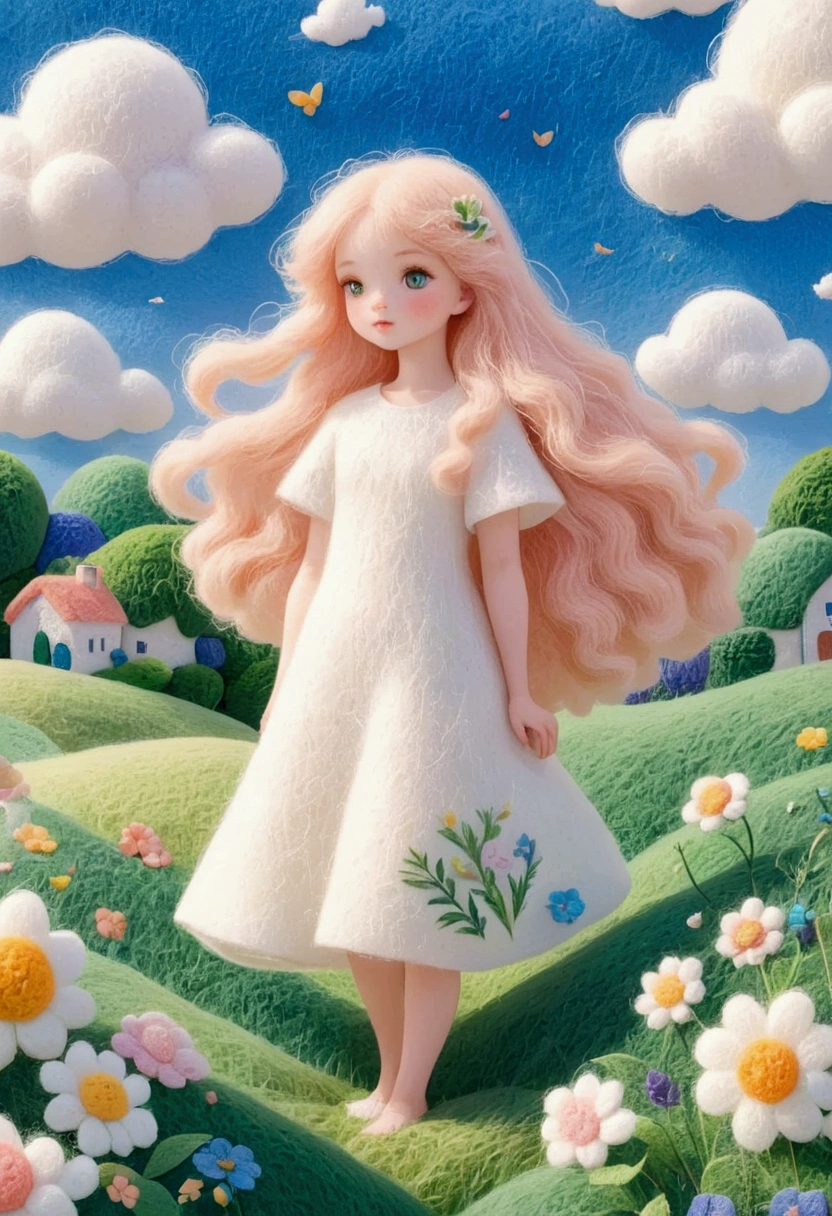 A delicate felt painting：Beautiful girl standing in the grass。Fluffy and soft long hair。Dreamy and beautiful。