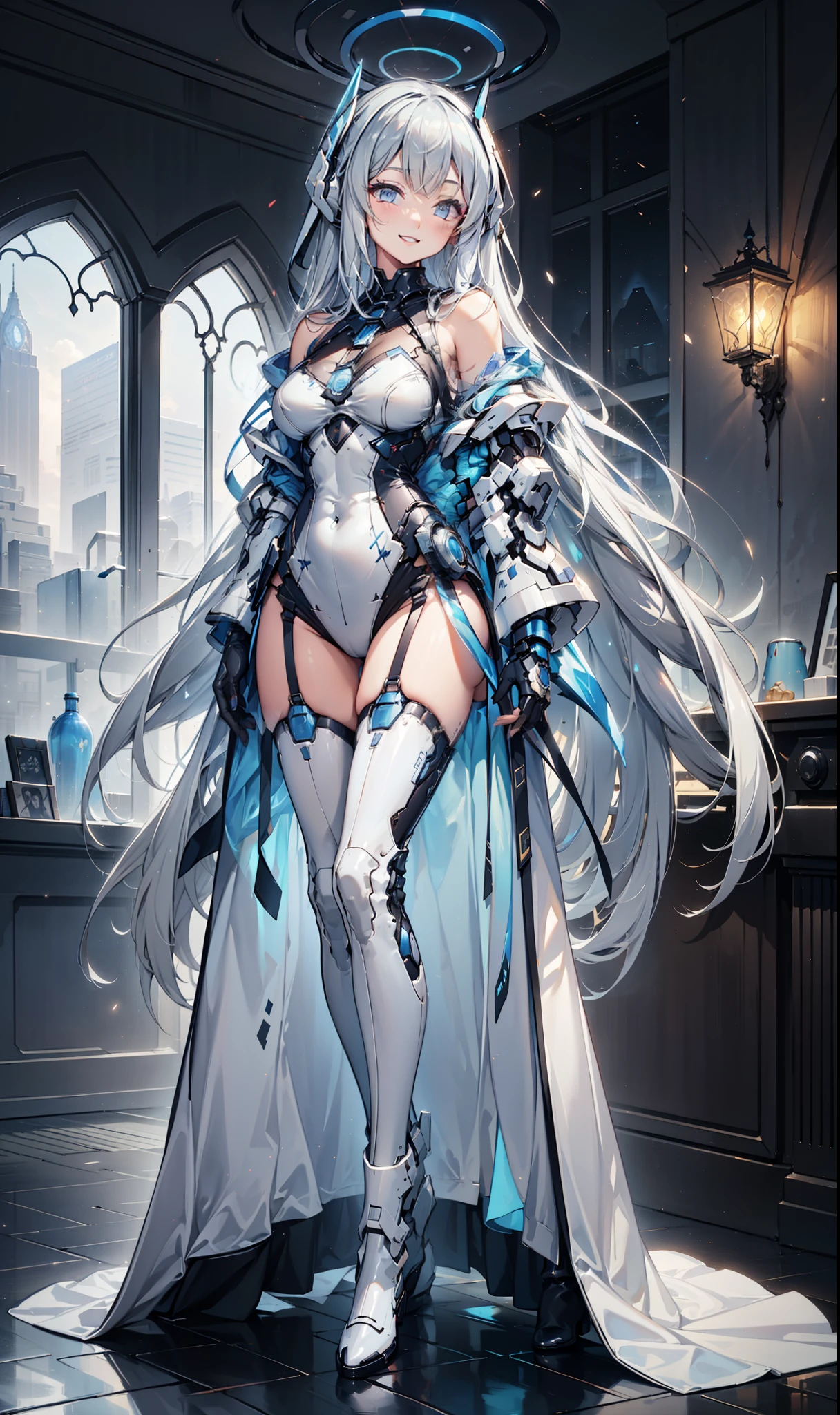 Sentinel of the Celestial Realm，Elegant and charming，charm，in love，(Fantasy world transparent white clothes)，Black gloves，Silver Hair，Smile，Blue Eyes，Well-designed clothes，armor，Different tone decoration，Exquisite hair accessories，Transparent lace，Sky blue pattern，Light stripes，Dress nicely，indoor，night，Engraved suspender boots，Super super details，Holy Mist，Wearing mecha，Light Particles，Beautiful eyes and face，armor