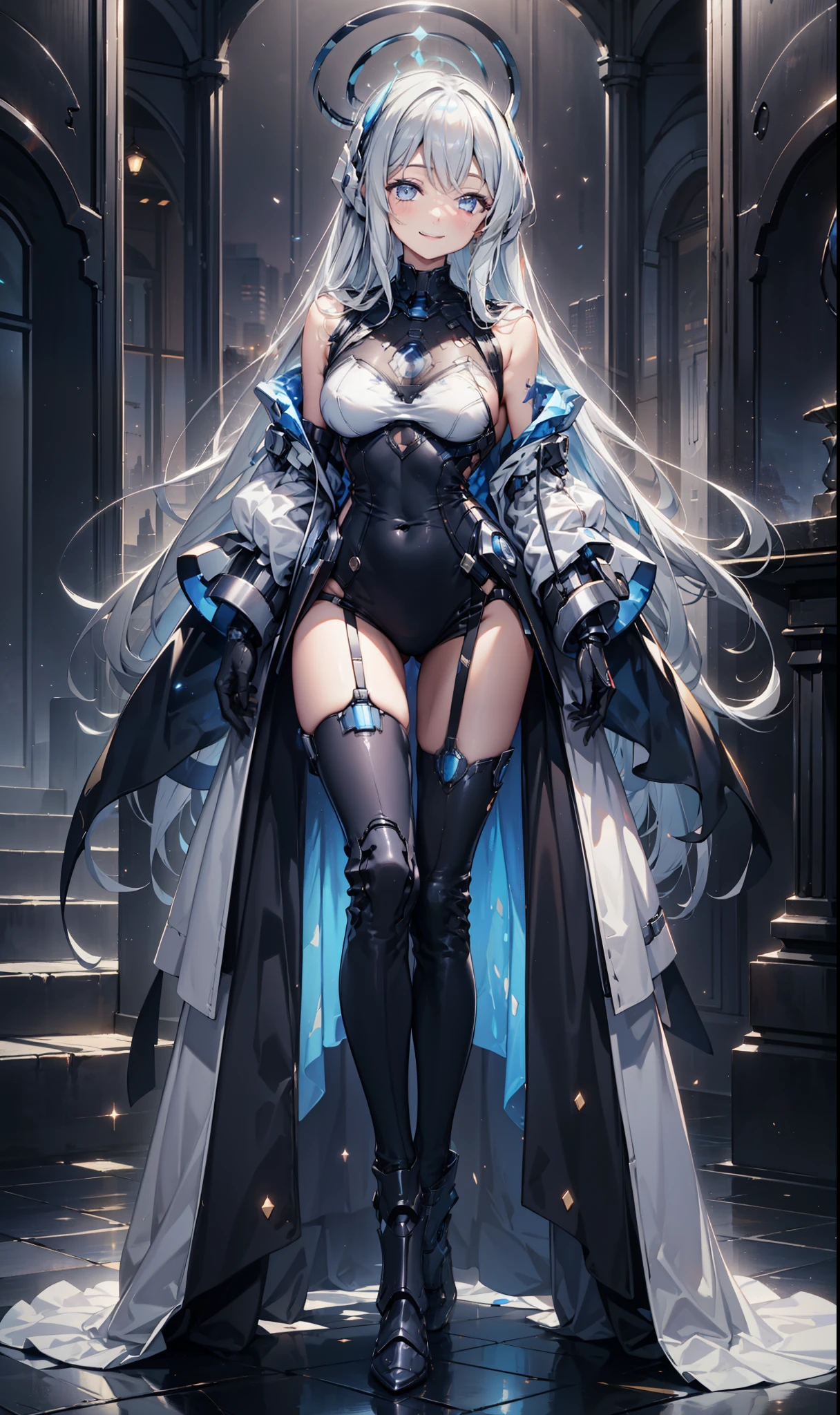 Sentinel of the Celestial Realm，Elegant and charming，charm，in love，(Fantasy world transparent white clothes)，Black gloves，Silver Hair，Smile，Blue Eyes，Well-designed clothes，armor，Different tone decoration，Exquisite hair accessories，Transparent lace，Sky blue pattern，Light stripes，Dress nicely，indoor，night，Engraved suspender boots，Super super details，Holy Mist，Wearing mecha，Light Particles，Beautiful eyes and face，armor