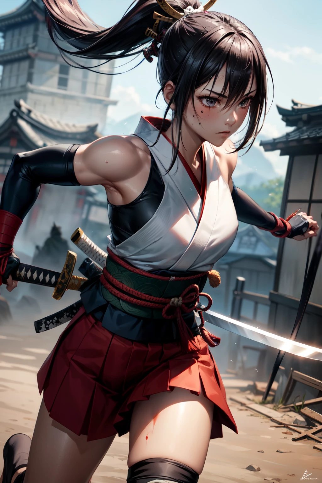 One girl, samurai,Japanese sword,anime,Anatomically correct, A series of character actions, Ninja,ponytail, masterpiece, Textured skin, Action Painting,