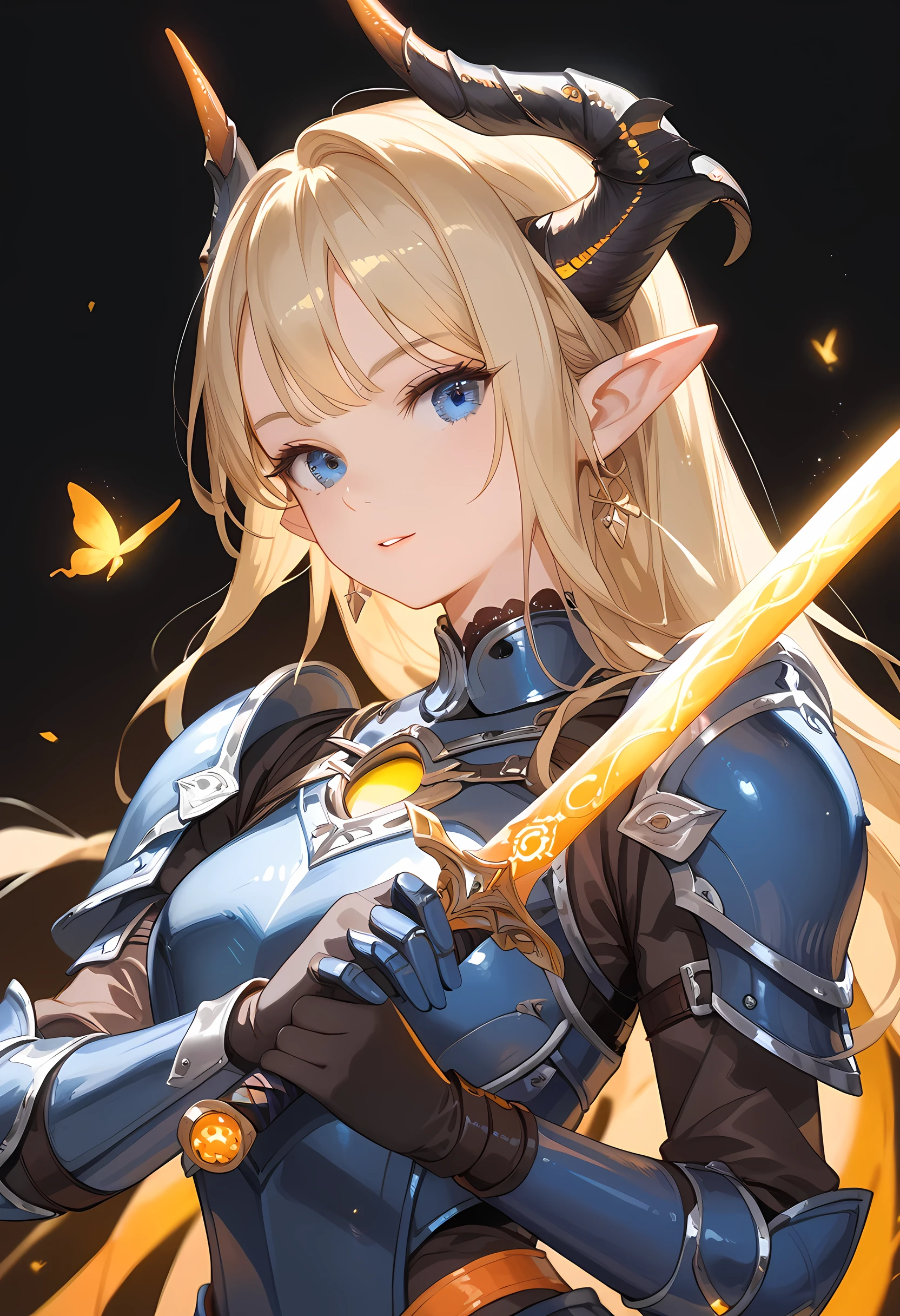 score_9, score_8_up, score_7_up, upscale 2x,(Pov from the side, a beautiful blonde female elf with blue eyes and horns, wearing dark blue armor with orange glowing details, holding a runesword by the handle point the sword down, the sword is blue with orange glowing details, dark in background:1.2)