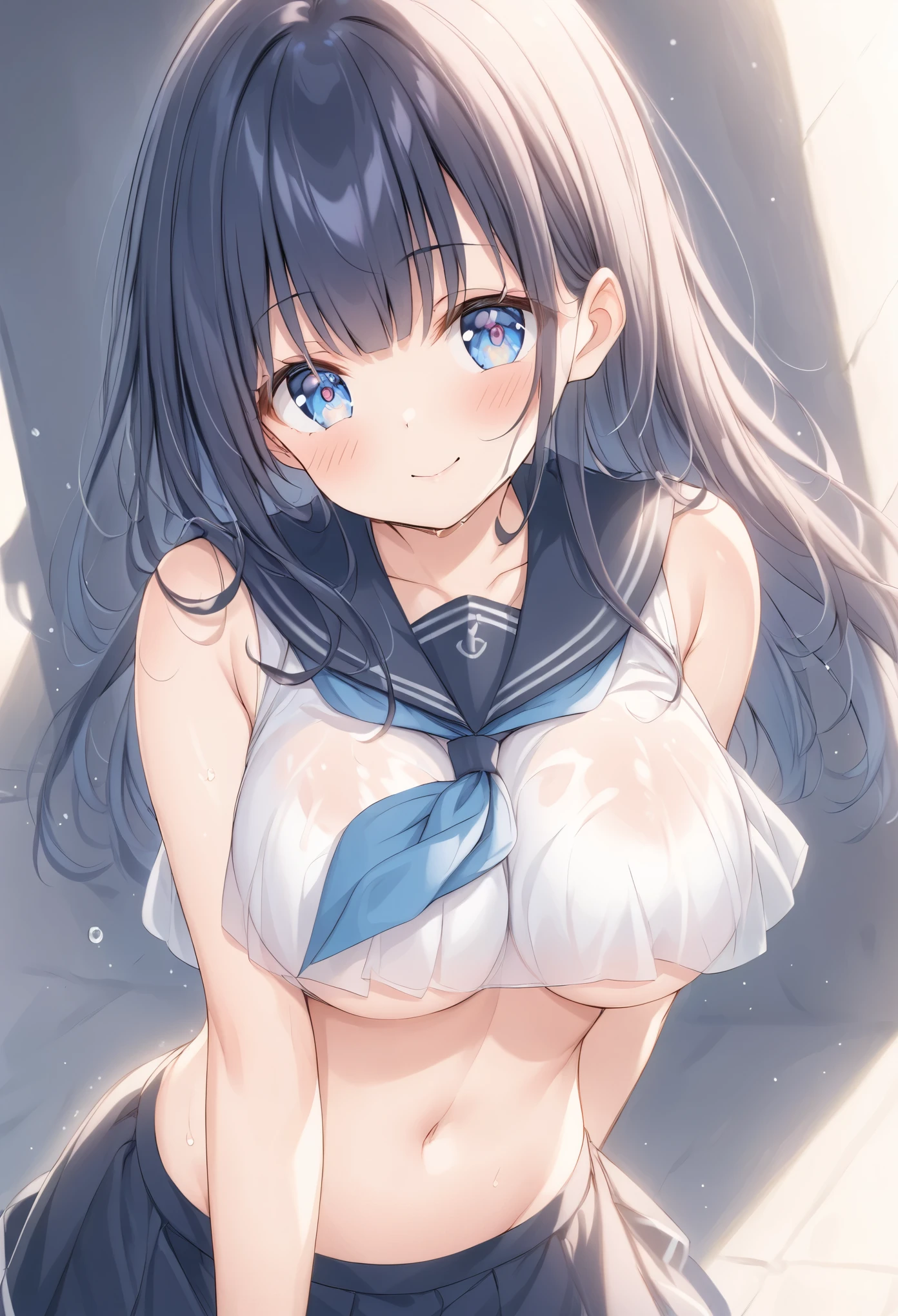 (Young and cute face)Sparkling eyes、Face close up、(A soft, engrossing, and naughty blush:1.4),See-through sleeveless sailor uniform、Large Breasts、,My clothes are soaked and transparent、belly button、underwear、Underboob、From behind