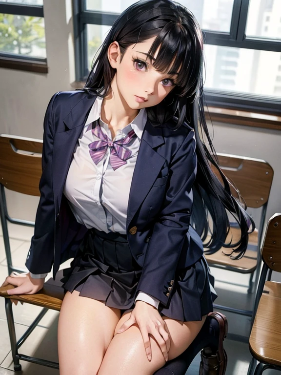 1 girl, JK, 18 yo, Highly detailed beautiful face, neat straight bangs arranged horizontally, very long black hair, purple eyes, school uniform with navy blue blazer on the top, navy blue mini pleated skirt, black socks, loafers. school classroom, standing by the window taking off pink panties, legs slightly spread, dynamic angle, low angle from the front, shojo manga style. stop 4. (((Highest Quality, Photo-Realistic:1.3, Masterpiece)))