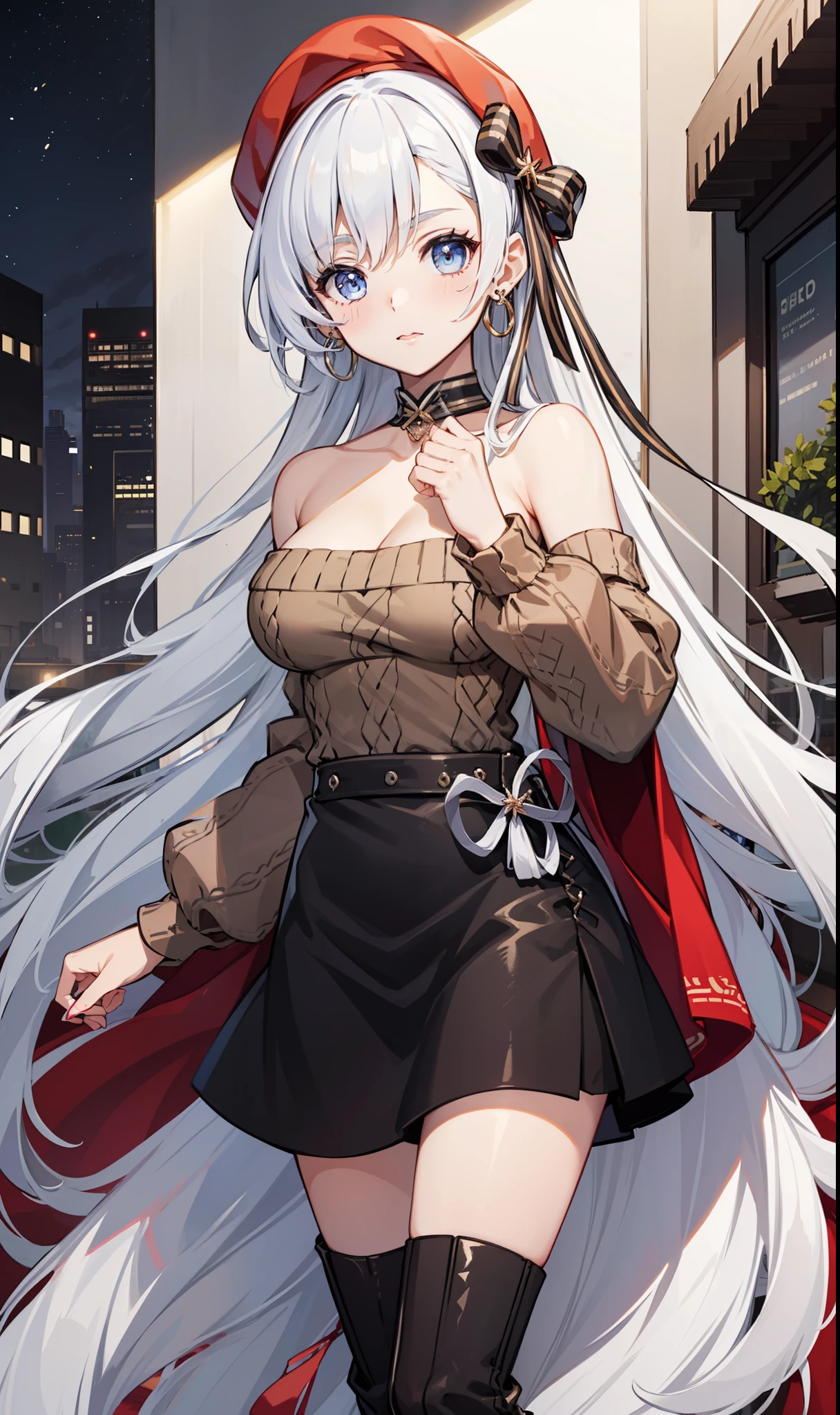 goddess，obsessed，have fun，in love，(White transparent maid uniform，With a long skirt)，Silver Hair，blue eyes，Transparent Clothes，Exquisite hair accessories，Transparent lace，Sky blue pattern，night，Dress nicely，bedroom，solitary，night，Engraved suspender boots，Beautiful face，figure