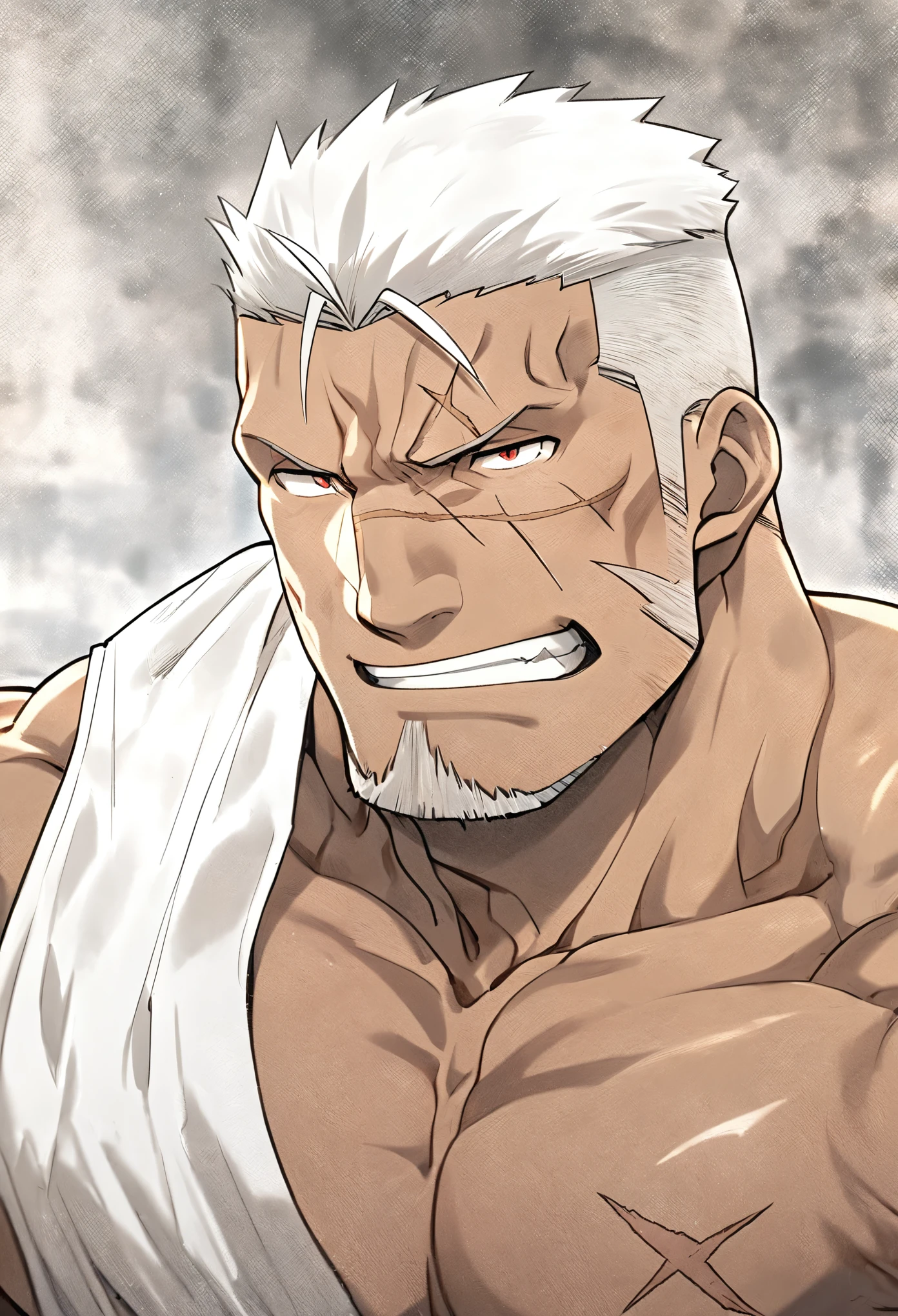 "Scar" from Fullmetal Alchemist, dark skin, muscular, white hair, red eyes, white sleeveless T-shirt, older man, white X mark in the center of his face, completely naked