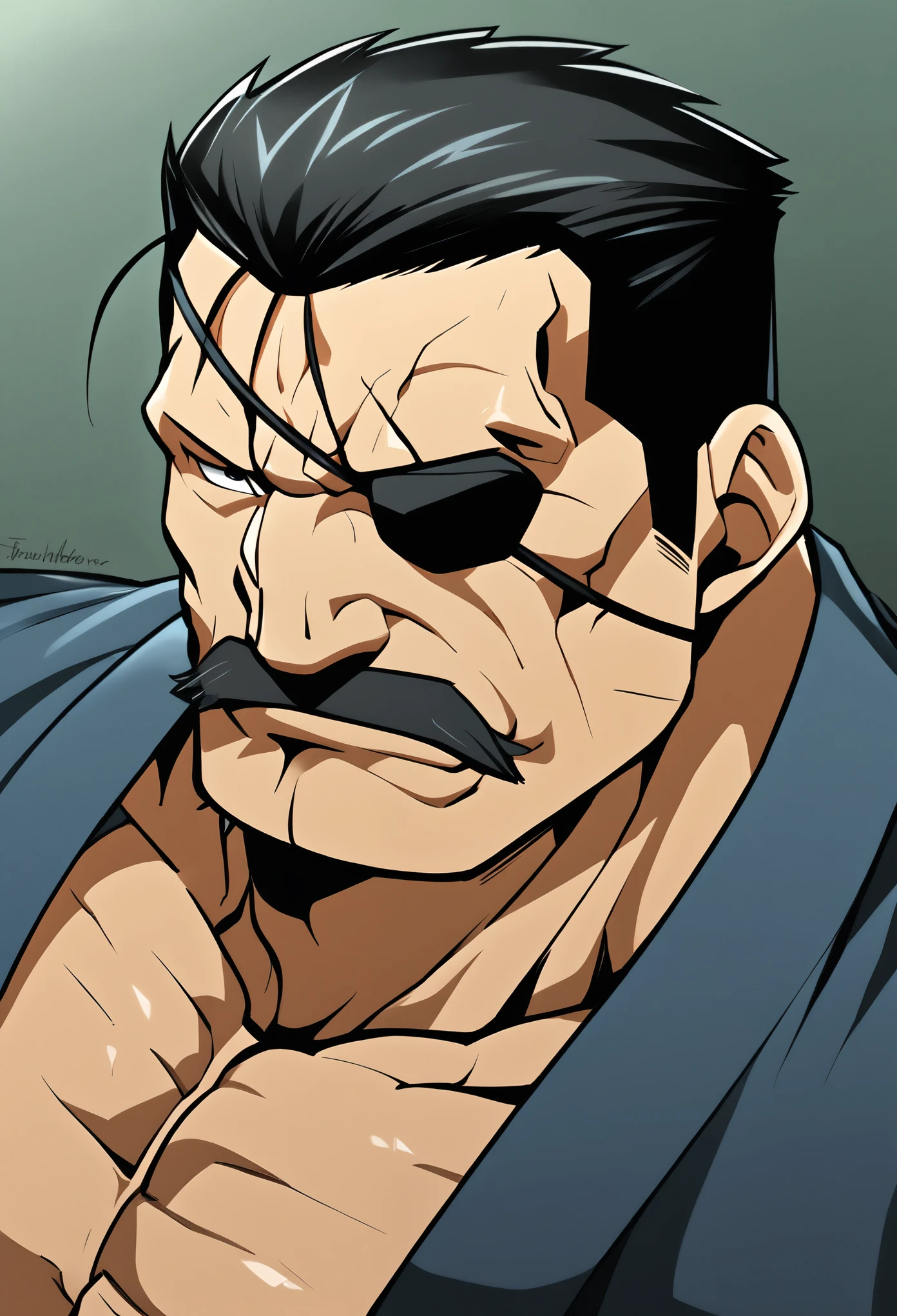 "King Bradley" from Fullmetal Alchemist, muscular, black hair, combed back, older man, eye patch