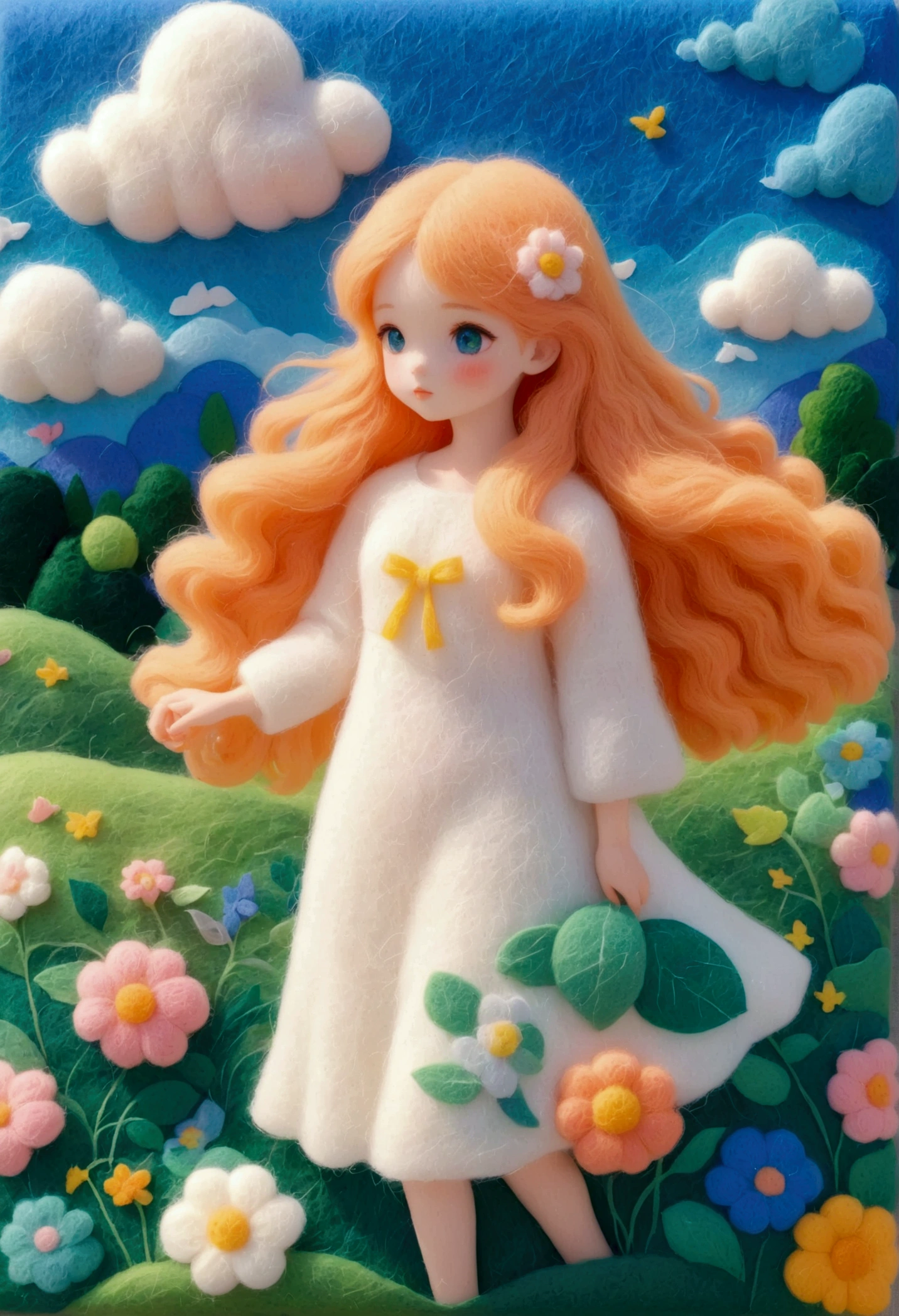 A delicate felt painting：Beautiful girl standing in the grass。Fluffy and soft long hair。bust。Dreamy and beautiful。