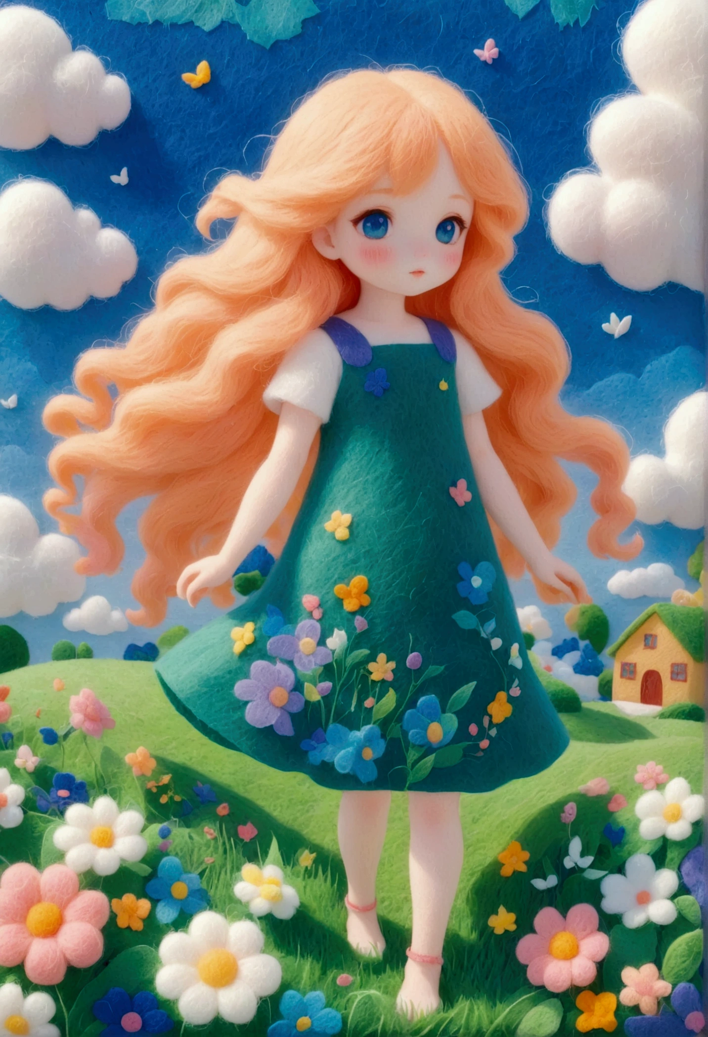 A delicate felt painting：Beautiful girl standing in the grass。Fluffy and soft long hair。bust。Dreamy and beautiful。