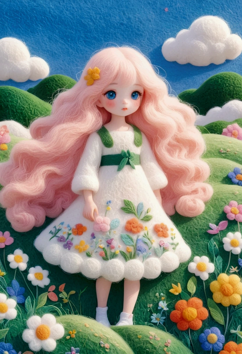 A delicate felt painting：Beautiful girl standing in the grass。Fluffy and soft long hair。bust。Dreamy and beautiful。