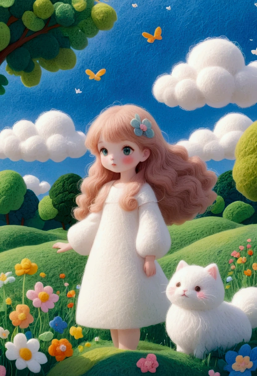 A delicate felt painting：Beautiful girl standing in the grass。Fluffy and soft long hair。bust。Dreamy and beautiful。