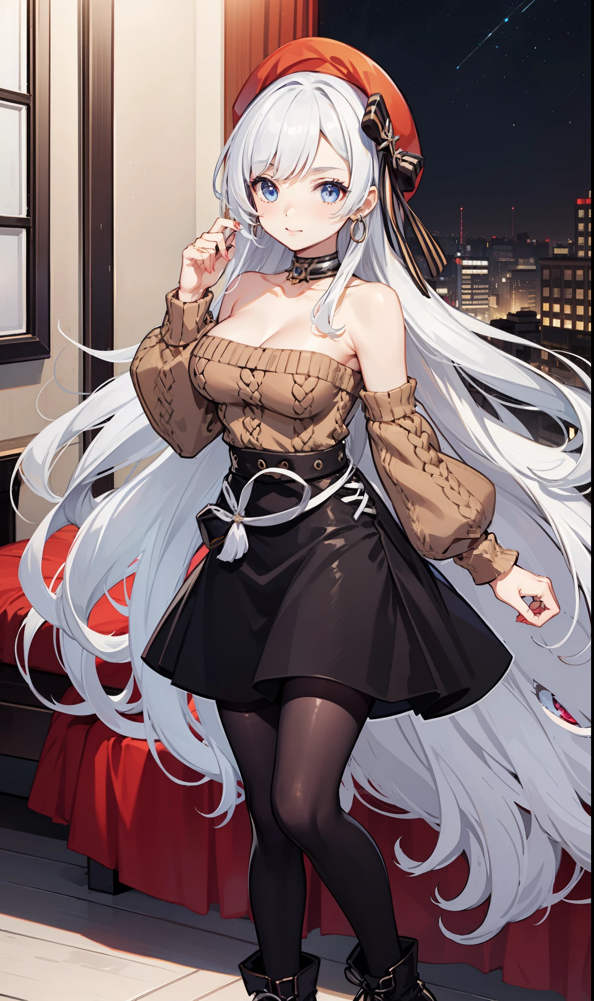 goddess，obsessed，have fun，in love，(White transparent maid uniform，With a long skirt)，Silver Hair，blue eyes，Transparent Clothes，Exquisite hair accessories，Transparent lace，Sky blue pattern，night，Dress nicely，bedroom，solitary，night，Engraved suspender boots，Beautiful face，figure